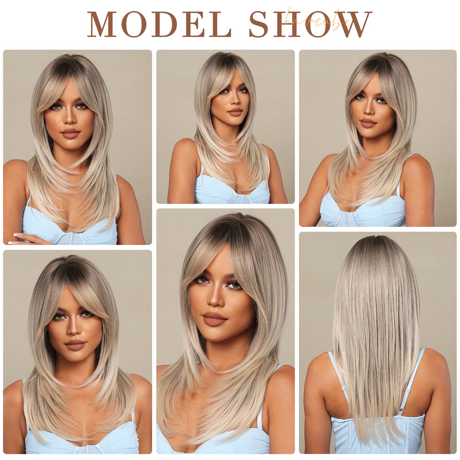 HAIRCUBE Auburn Wigs for Women,Long Layered Orange Wigs with Bangs Heat Resistant Synthetic Fibre Wigs(pelucas de cabello natural)