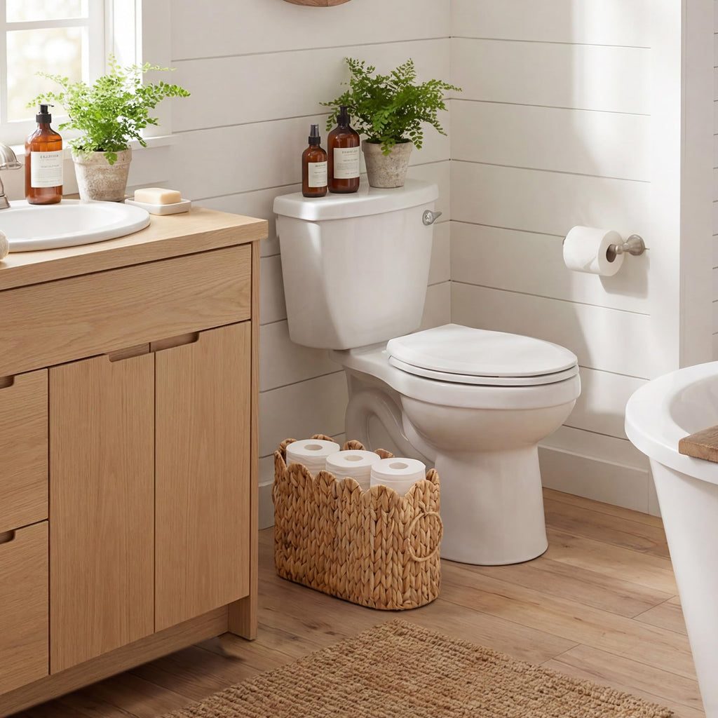 StorageWorks Bathroom Toilet Paper Storage Holder with Lid, Wicker Toilet Paper Basket for 6 Regular Rolls, Slim Basket Organizer with Handles, Water Hyacinth Storage Baskets for Bathroom, Brown