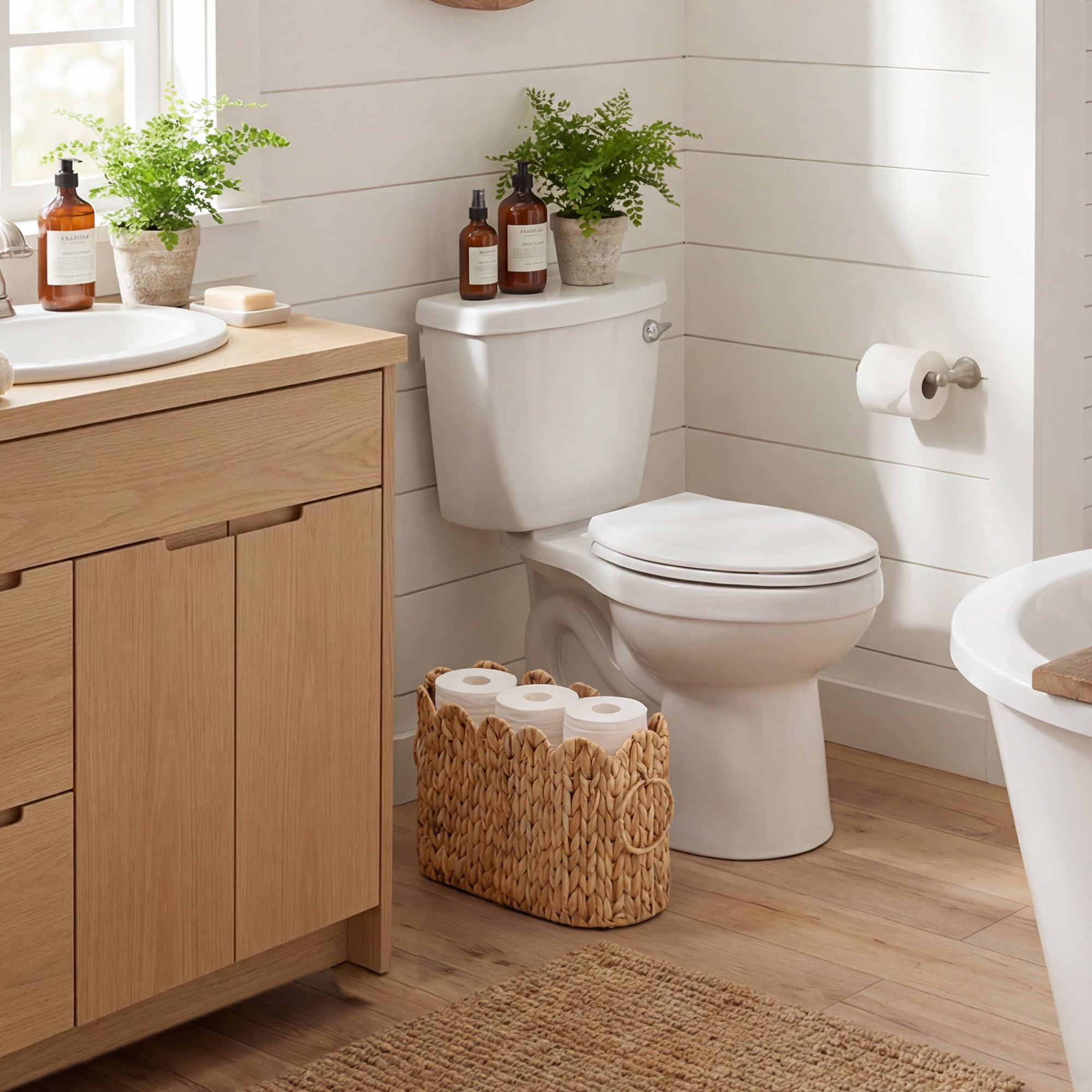 StorageWorks Bathroom Toilet Paper Storage Holder with Lid, Wicker Toilet Paper Basket for 6 Regular Rolls, Slim Basket Organizer with Handles, Water Hyacinth Storage Baskets for Bathroom, Brown