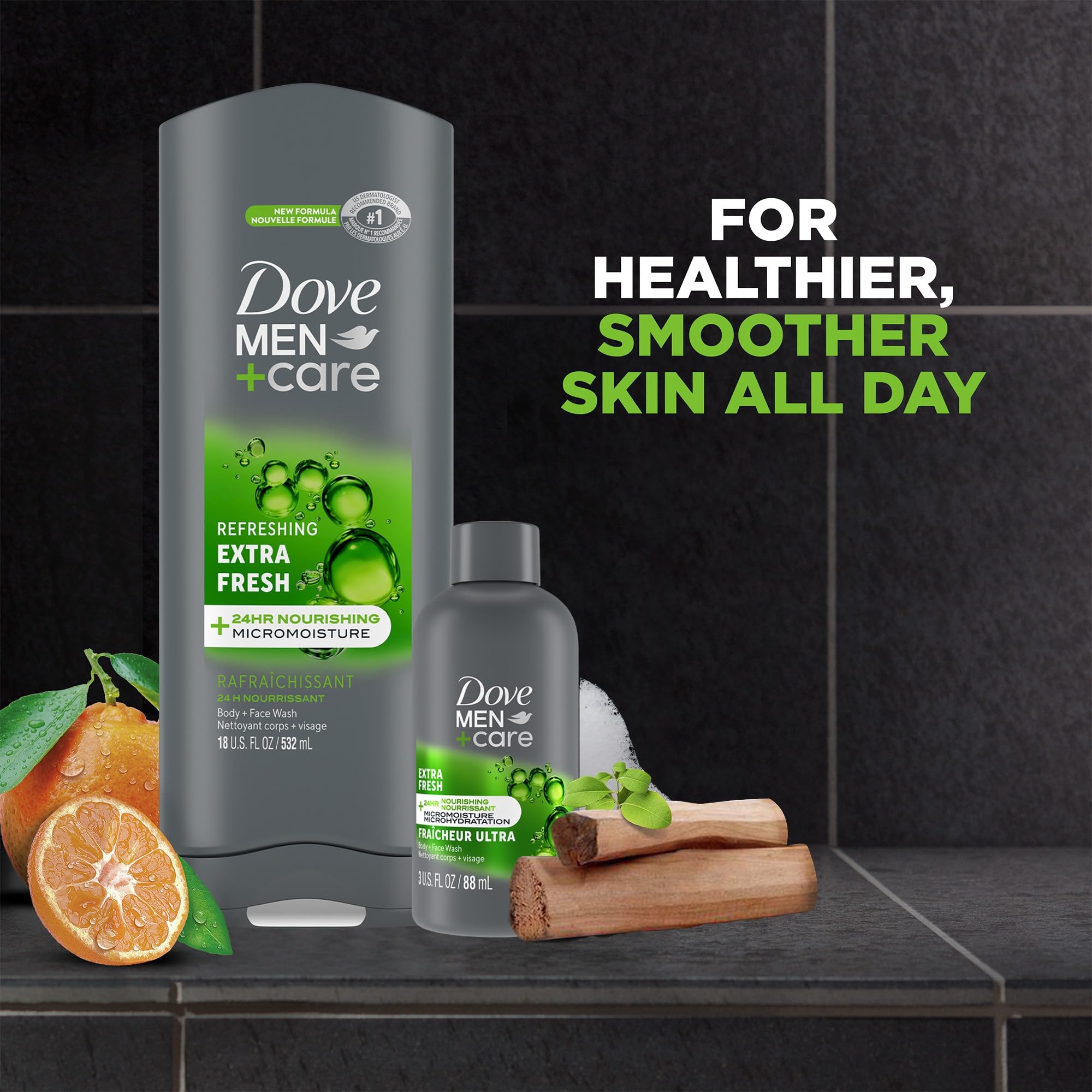 Dove Men+Care Body + Face Wash, Extra Fresh 3-Pack + Travel-Size, 24H Nourishing MicroMoisture