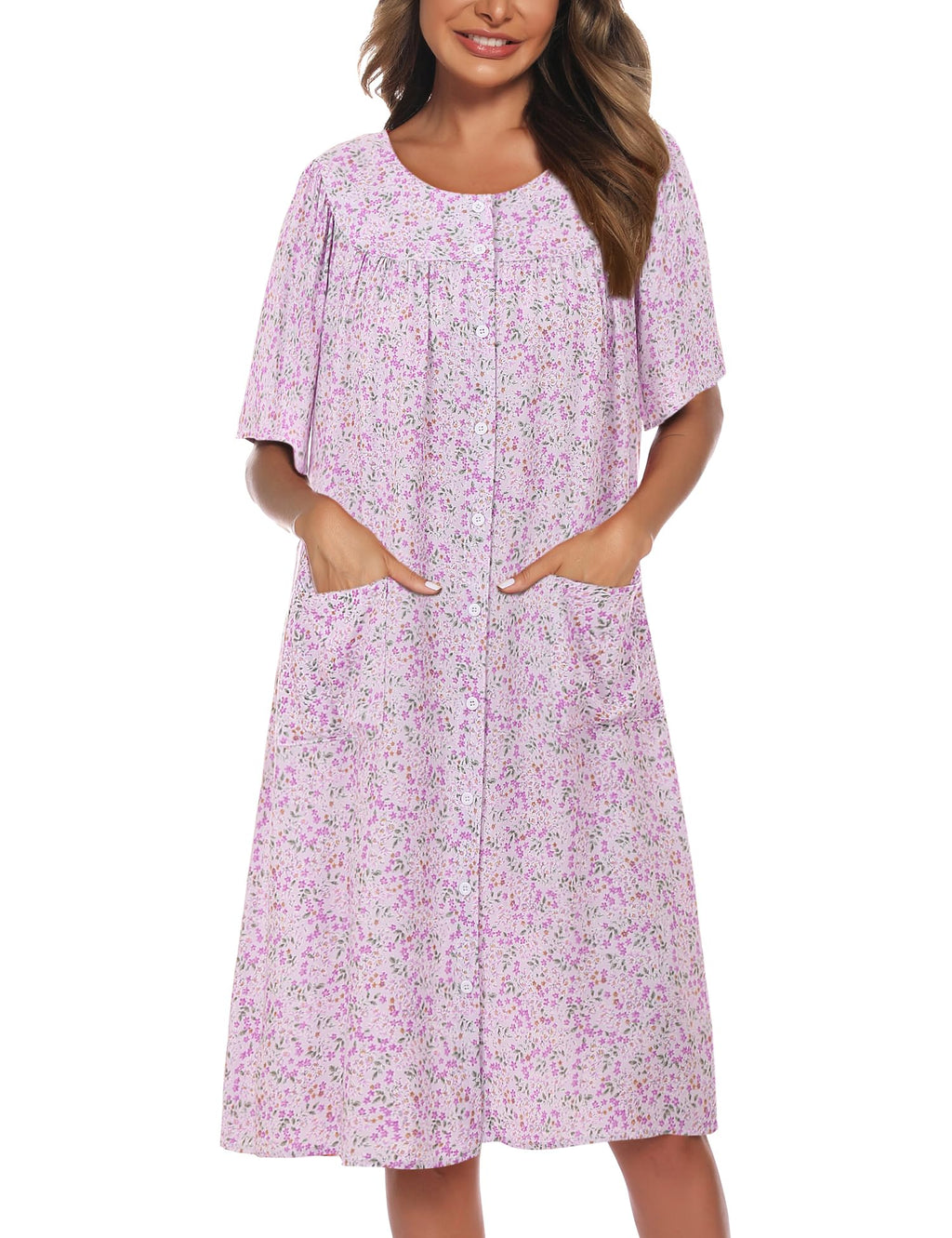 COSUNIONY House Dresses for Women Cotton Short Sleeve House Coat Buttons Down Dusters Robe with Pockets S-XXL