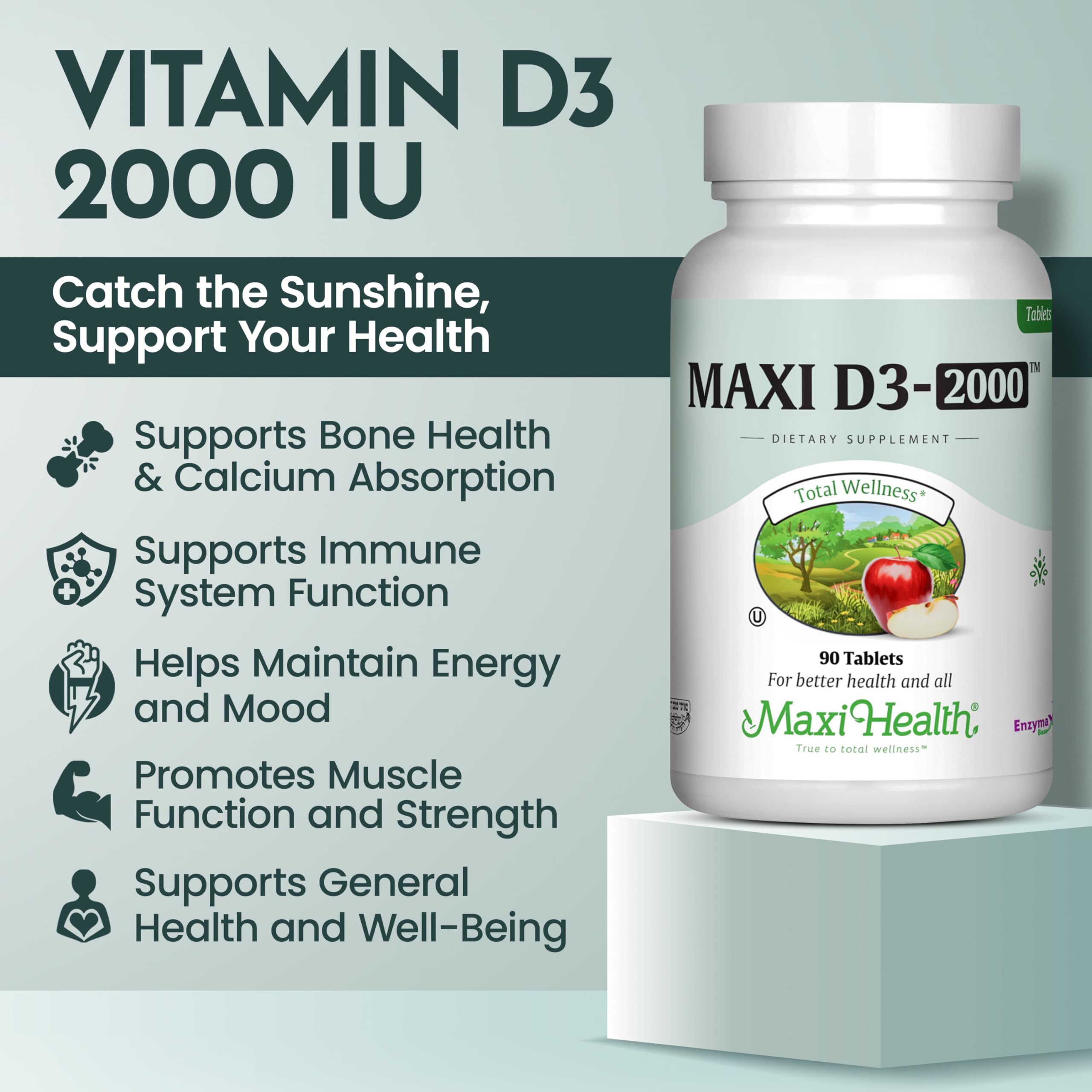 Maxi Health Vitamin D3 2000IU Tablets – Immune Support, Bone Health, and Muscle Function – Vitamin D 2000 IU Supplement for Adults – Kosher, Easy-to-Swallow, 90 Tablets