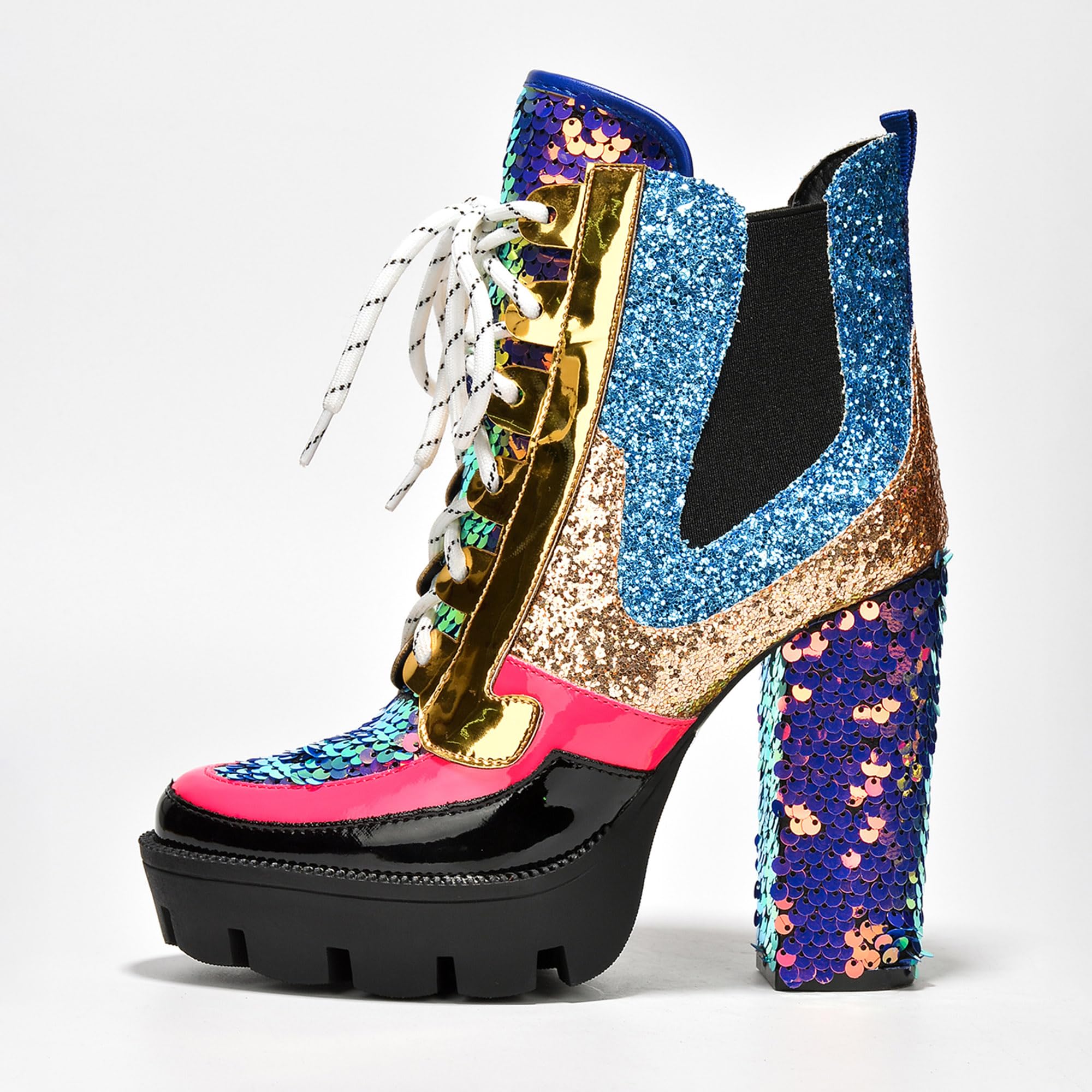 Cape Robbin Nell Heeled Boots for Women Sparkly Sequin Platform Chelsea Boots Women - Chunky Block Heels with Sequined Tongue and Heel - Stylish Glitter Ankle Boots for Women