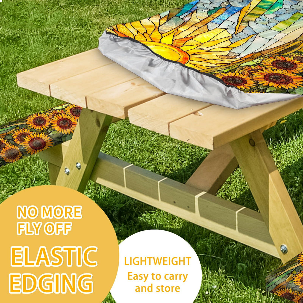 Park Picnic Table Cover with Bench Covers Lightweight Camping Essentials, Oil-Proof Waterproof 3PCS Tablecloth with Elastic, Fitted for Table 6FT Rectangle and Seats, American Flag Eagle (72x30in)