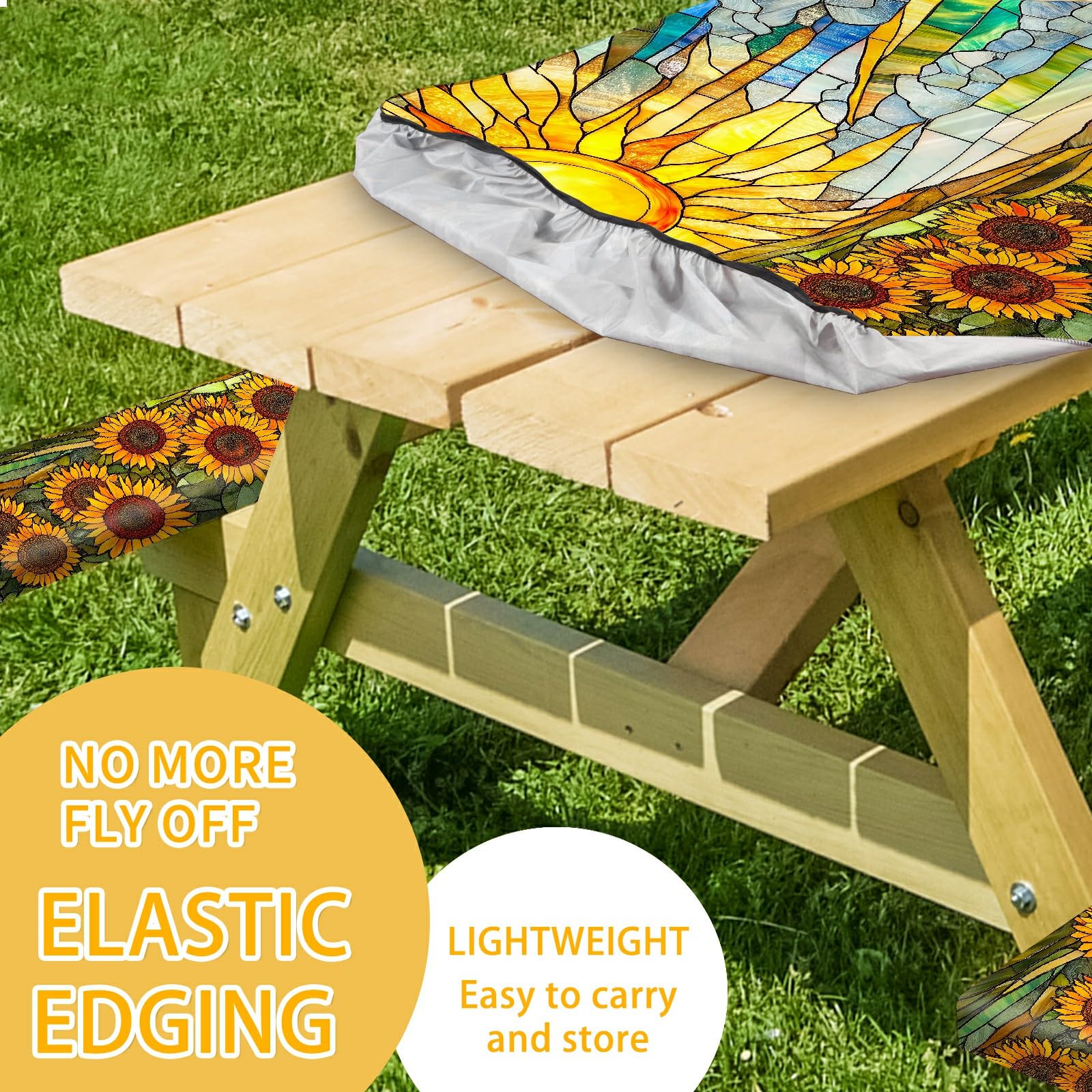 Park Picnic Table Cover with Bench Covers Lightweight Camping Essentials, Oil-Proof Waterproof 3PCS Tablecloth with Elastic, Fitted for Table 6FT Rectangle and Seats, American Flag Eagle (72x30in)