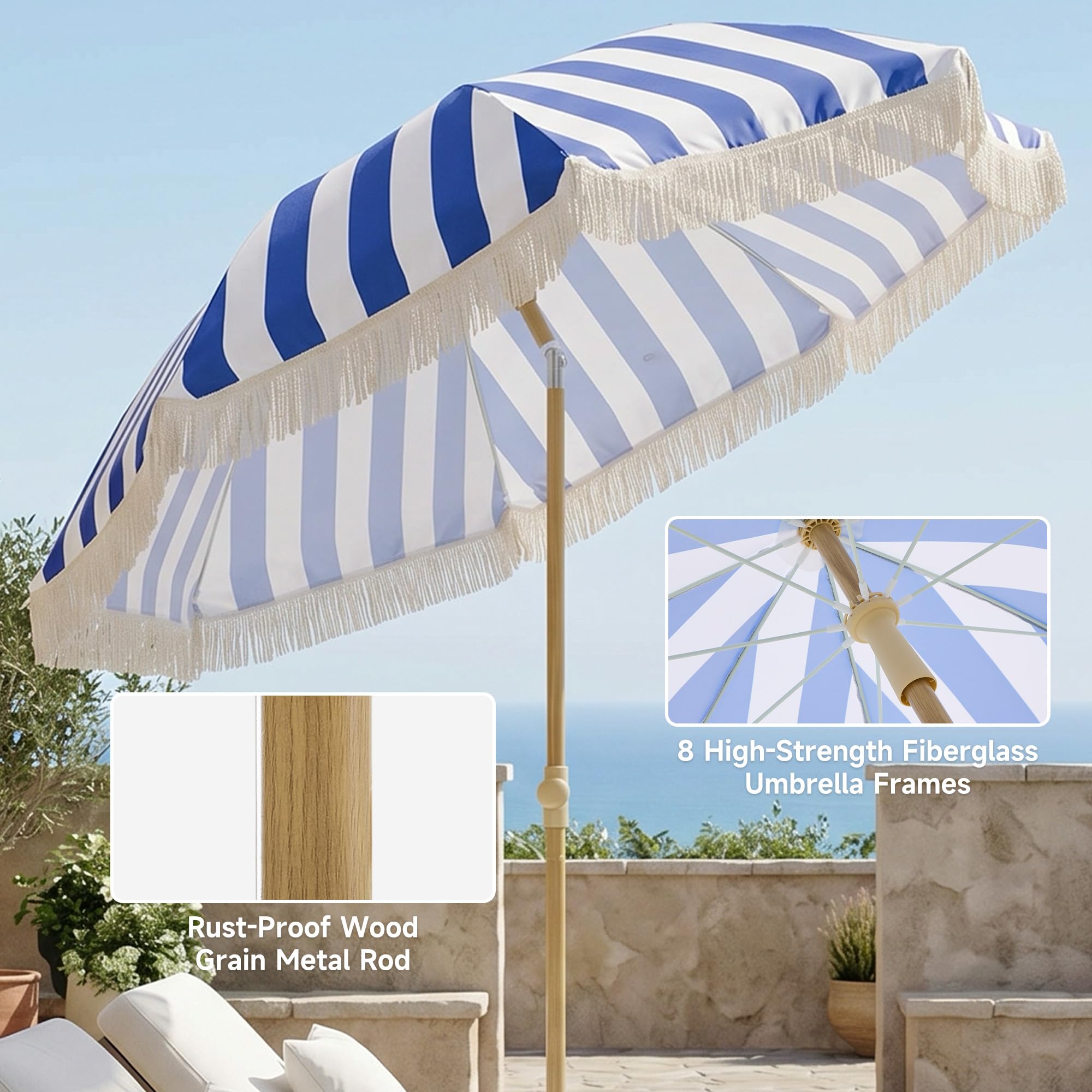 6.5FT Boho Patio Umberlla with Fringe,UPF50+ Outdoor Umbrella with Fiberglass Ribs and Push Button Tilt,Tassels Umbrella for Beach,Terrace,Picnic