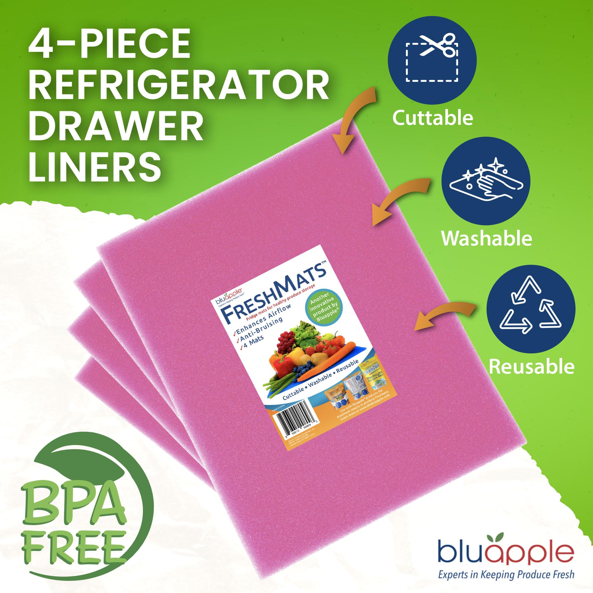 Bluapple FreshMats, Refrigerator Bin Liner, Fridge Drawer Mats, Crisper Life Extender Liner Keeps Produce Fresh Longer, Anti-Bruising, for Air Circulation, Washable & Reusable (4-Mats, 12x15, Black)