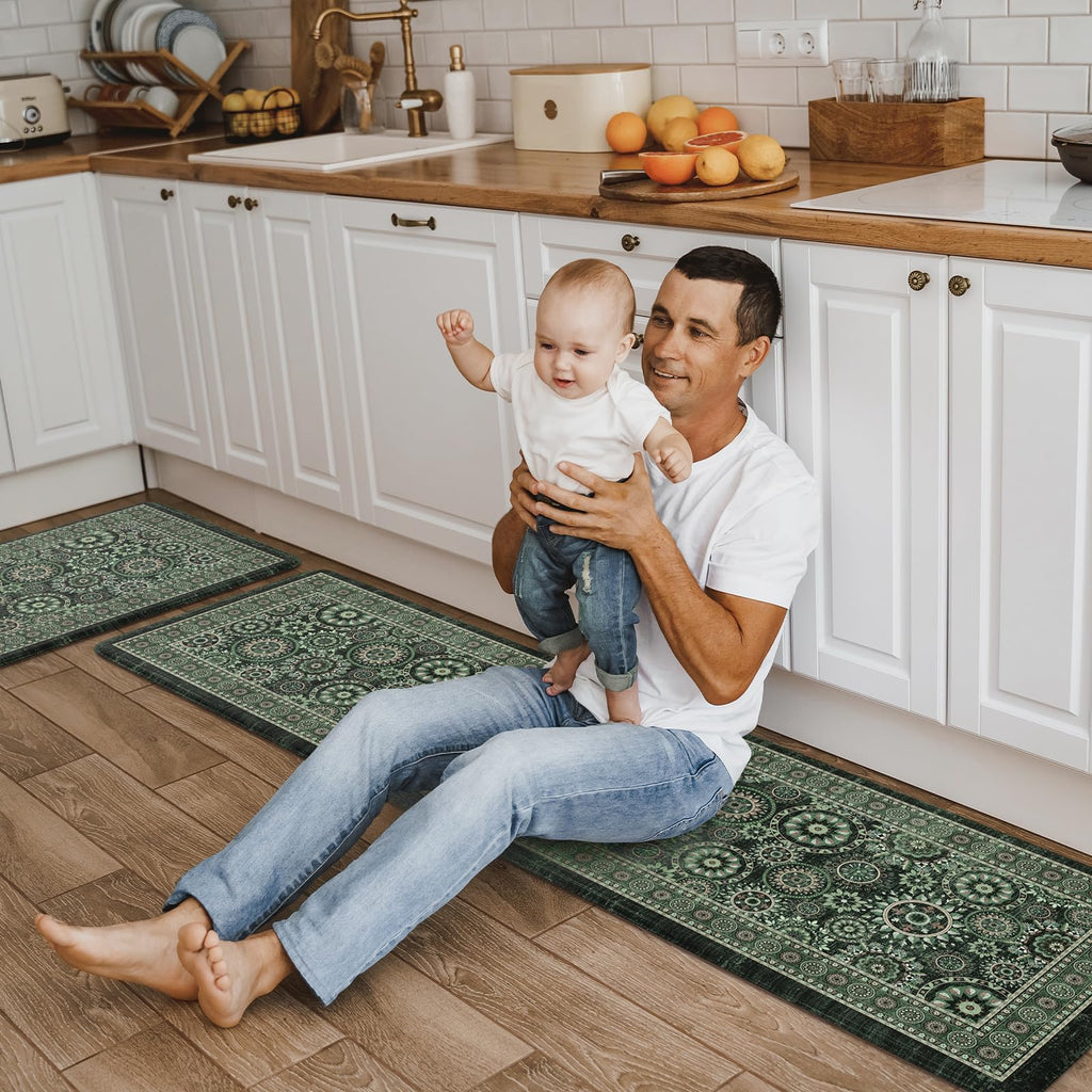 KIMODE Anti Fatigue Kitchen Mats 17"x47"+17"x29", Farmhouse Kitchen Rugs Sets of 2, Cushioned Non Skid Kitchen Mats for Floor, Comfort Kitchen Floor Mats for Sink Laundry Desk Black