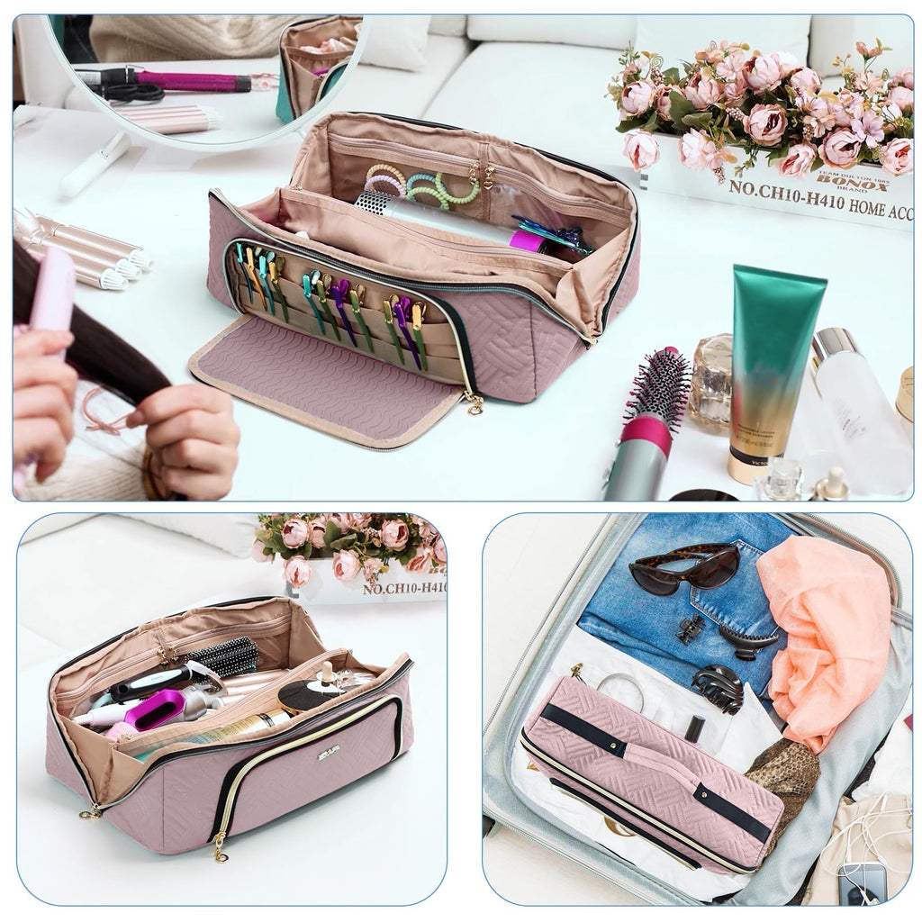 Large Hair Tools Travel Bag with Iron Mat - 2in1 Hair Tools Organizer for Hair Dryer Brush, Flat Irons, Straighteners, Curling Irons, Hair Bag, Makeup Bag, Cosmetic Bag for Travel Essentials