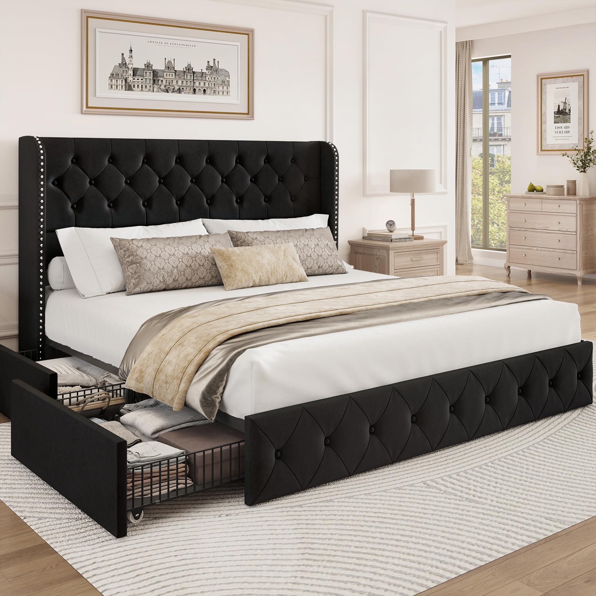BRELTAM Full Size Bed Frame with Storage Drawers and Wingback Headboard Linen Upholstered Platform Bed Frame Tufted Beds with Heavy Duty Wood Slats, Noise Free, Easy Assembly, Beige