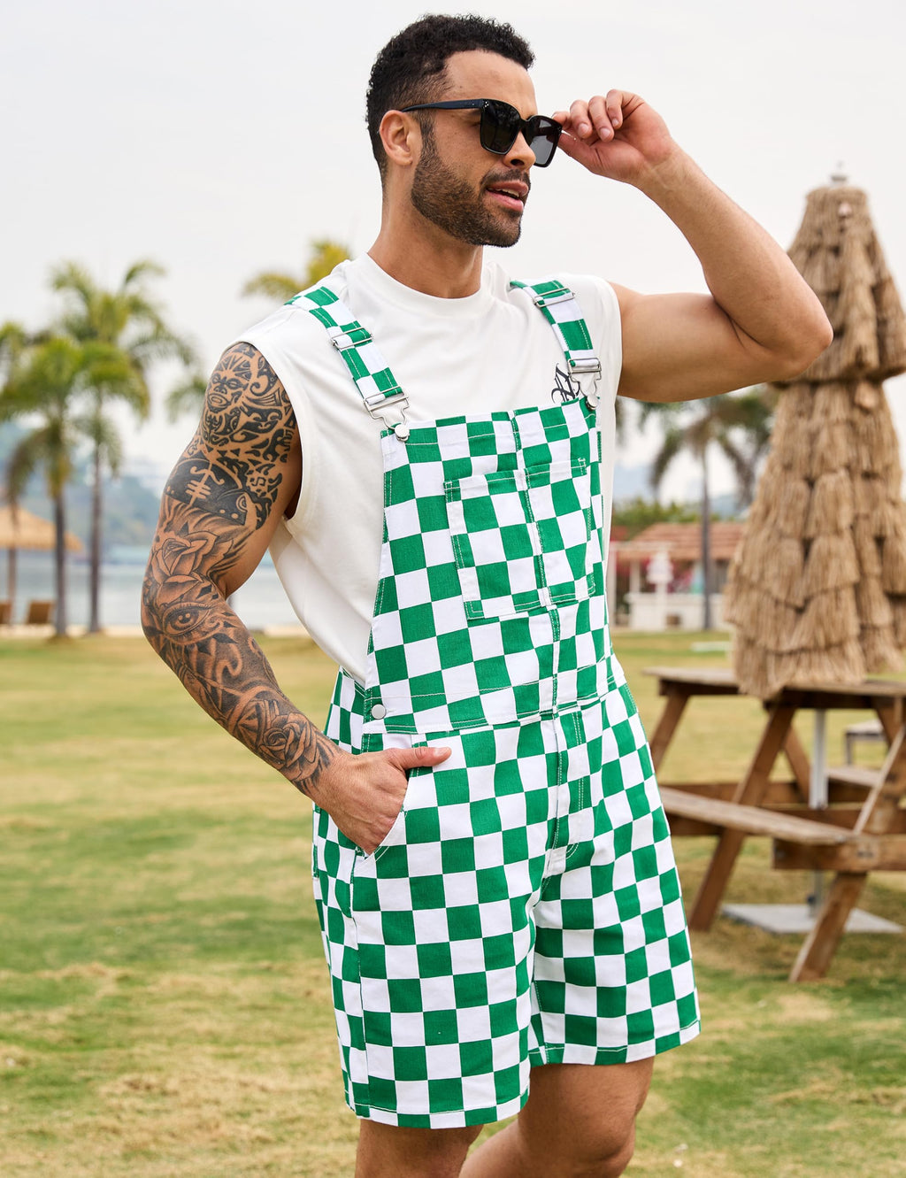 Odefou Checkered Bib Overalls for Men Jumpsuit Shorts Work Coveralls