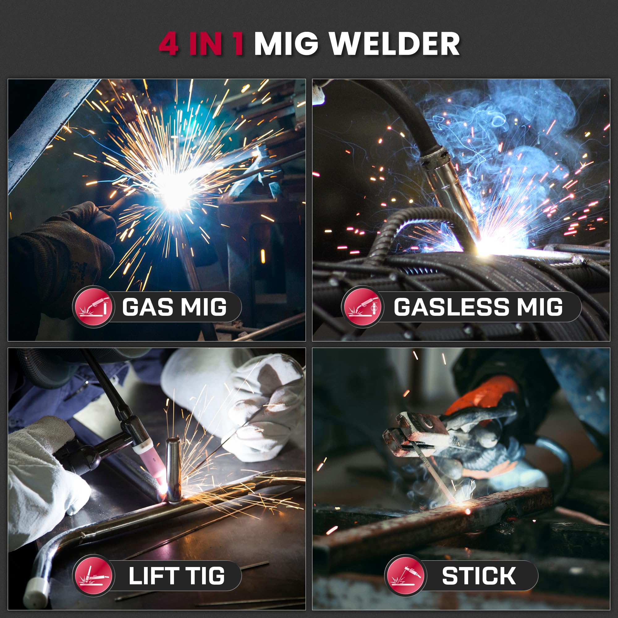 Bestarc 145A MIG Welder, 110V 220V 4 in 1 Gas/Flux Core MIG/Lift TIG/Stick Welder Machine, Large LED Display Welding Machine, IGBT Inverter Welder MIG145 Soild Gasless Synergy MIG Welder