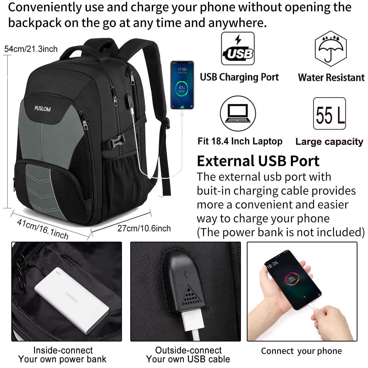 Extra Large Backpack for Men 55L,18.4Inch Travel Laptop Backpack with USB Charging Port Business Flight Approved Carry On Backpack,TSA Big Capacity Heavy Duty Computer Bag College Bookbag,Black