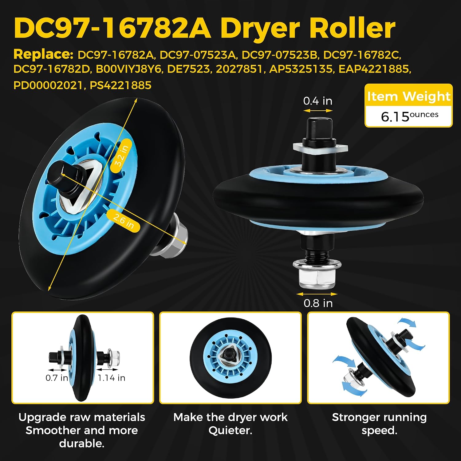 UPGRADED For Sam-Sung Dryer Repair Kit includes DC97-16782A Dryer Roller, DC93-00634A Idler Pulley, 6602-001655 Belt Replacement for Samsung Dryer dv42h5000ew/a3 By WFRWFR 7,8,9 Fit Model