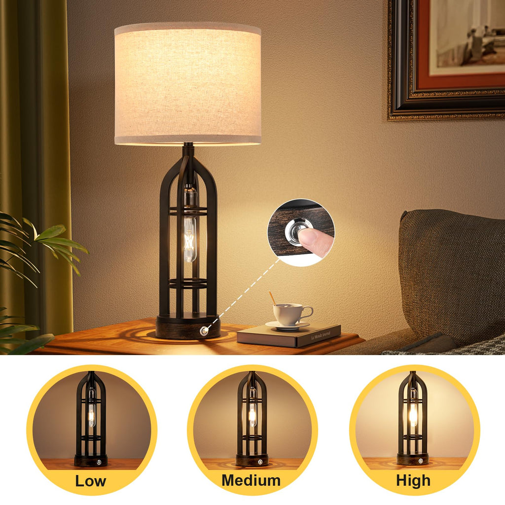 Seealle Table Lamp for Living Room Set of 2 - Wood-Like Bedside Lamp for Bedroom with USB C+A & Outlet, Farmhouse Lamps for Night Stands, 3-Way Dimmable Touch Lamps for Living Room