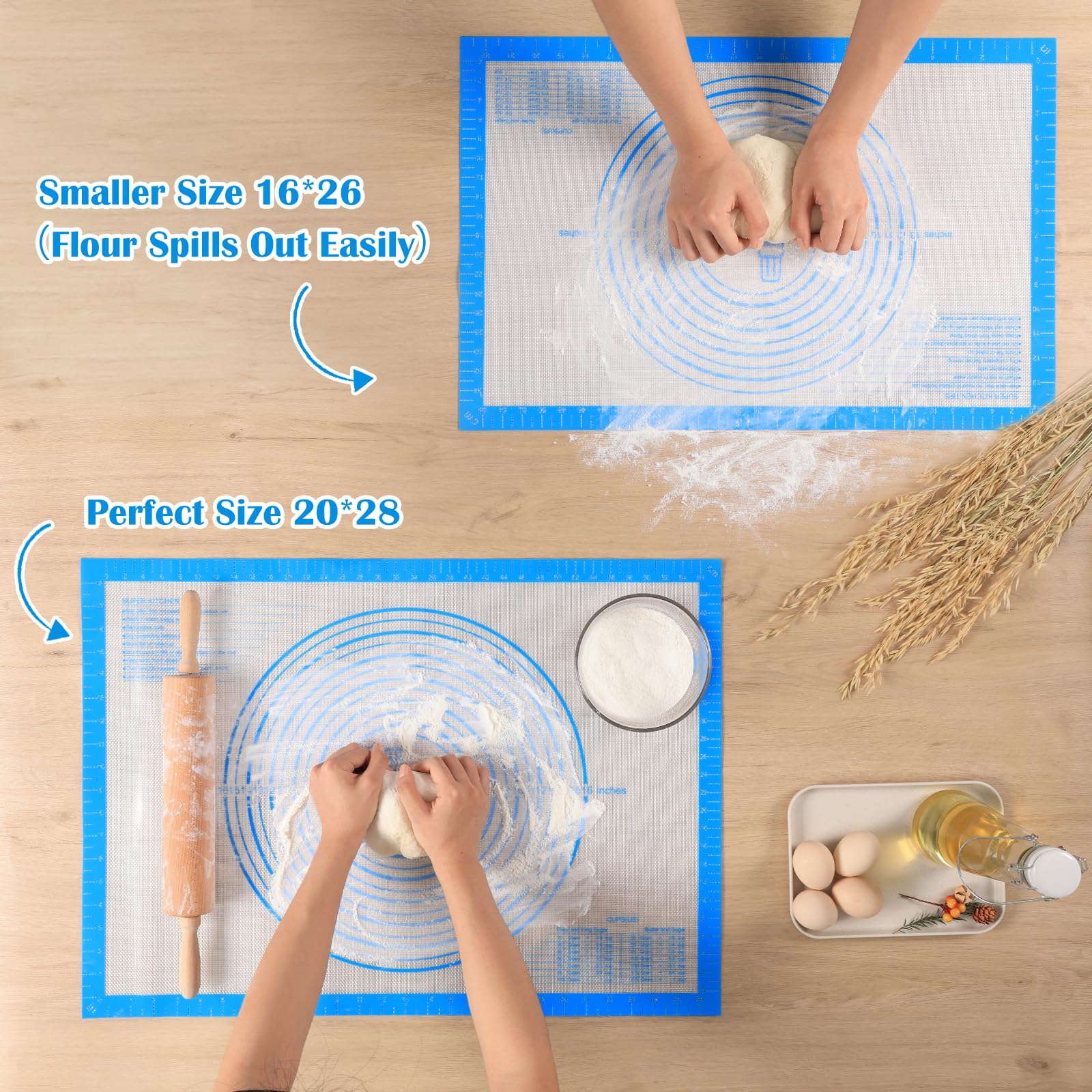 Nonstick Silicone Pastry Baking Mat Large with Measurements 16''By 20'' for Silicone Baking Mat, Counter, Dough Rolling/Pie Crust Pad By Folksy Super Kitchen (16×20, Blue)