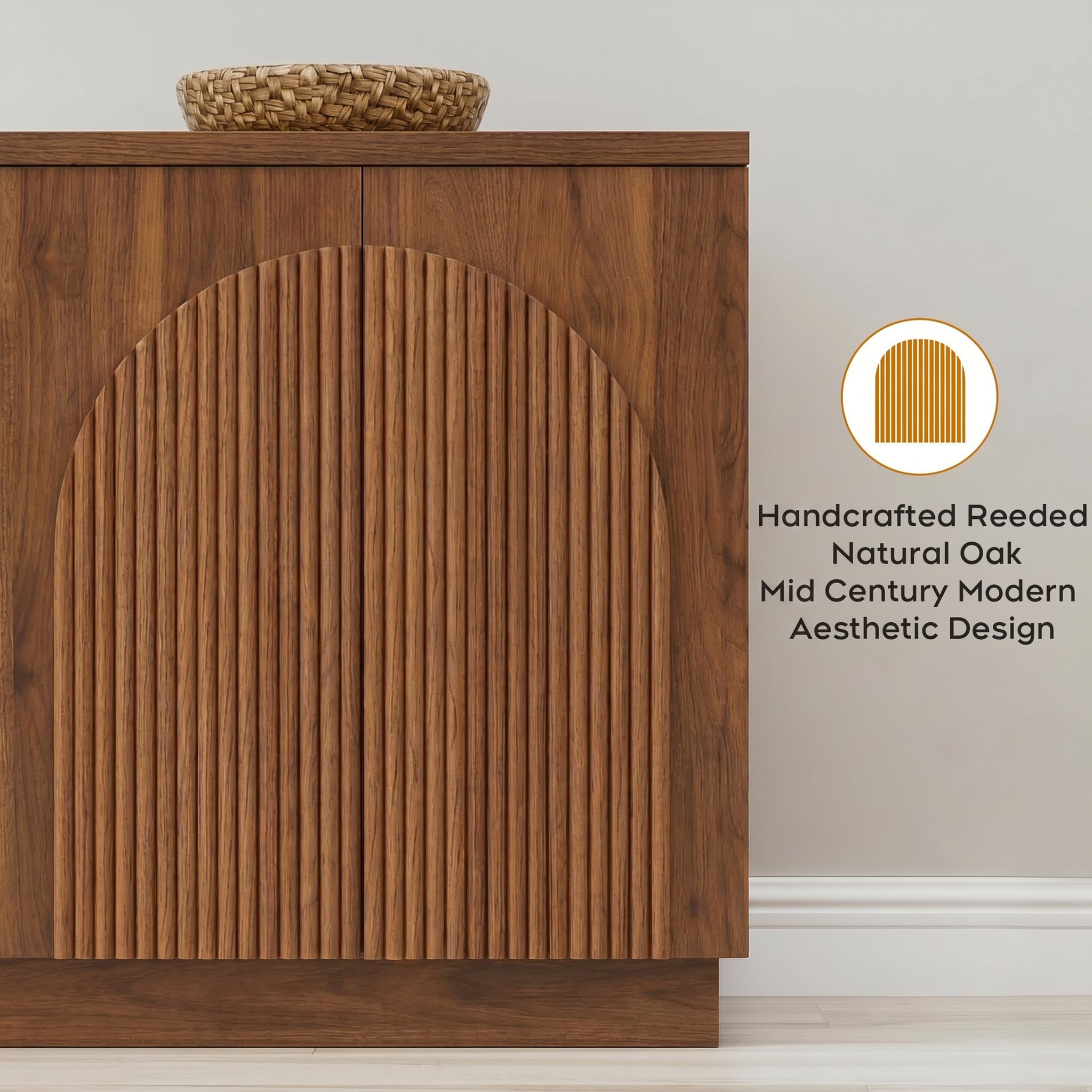 Yechen 55" Fluted Sideboard Buffet Cabinet with Storage, Wood Mid Century Modern Credenza Cabinet w/Arched Reeded Doors & Adjustable Shelves for Kitchen, Living Room, Entryway
