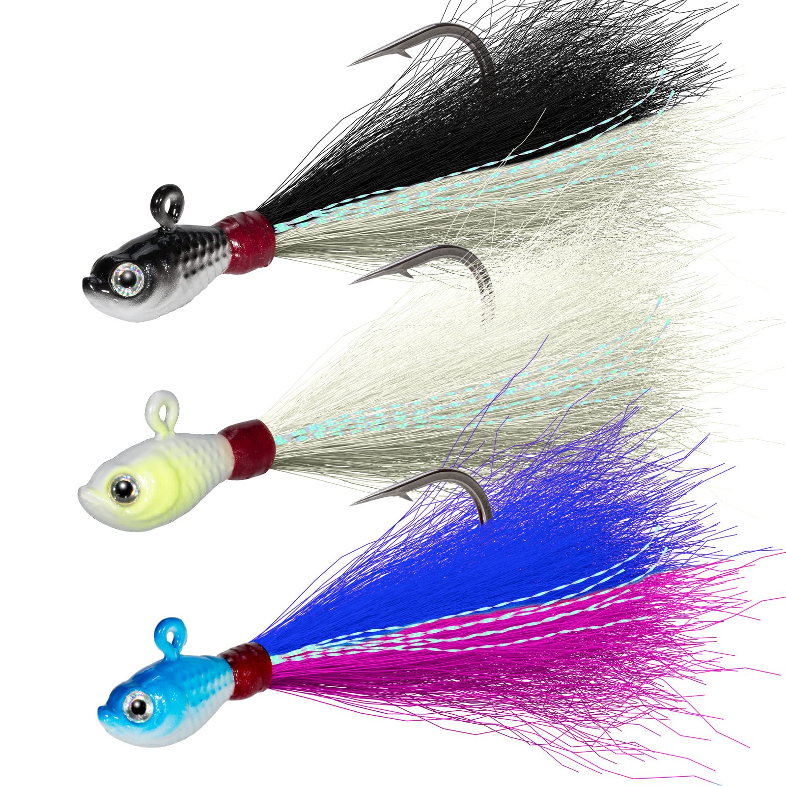 Dr.Fish 3 Pack Bucktail Jig Lure Hair Jig Saltwater Freshwater Lures Surf Fishing Bass Flounder Striper Bluefish Halibut Redfish