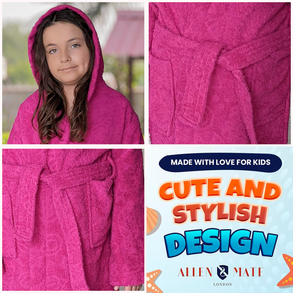ALLEN & MATE 100% COTTON Hooded Kids Bathrobe – Soft, Medium Weight Absorbent Bath Towel Robe for Boys & Girls, 6-15 Years
