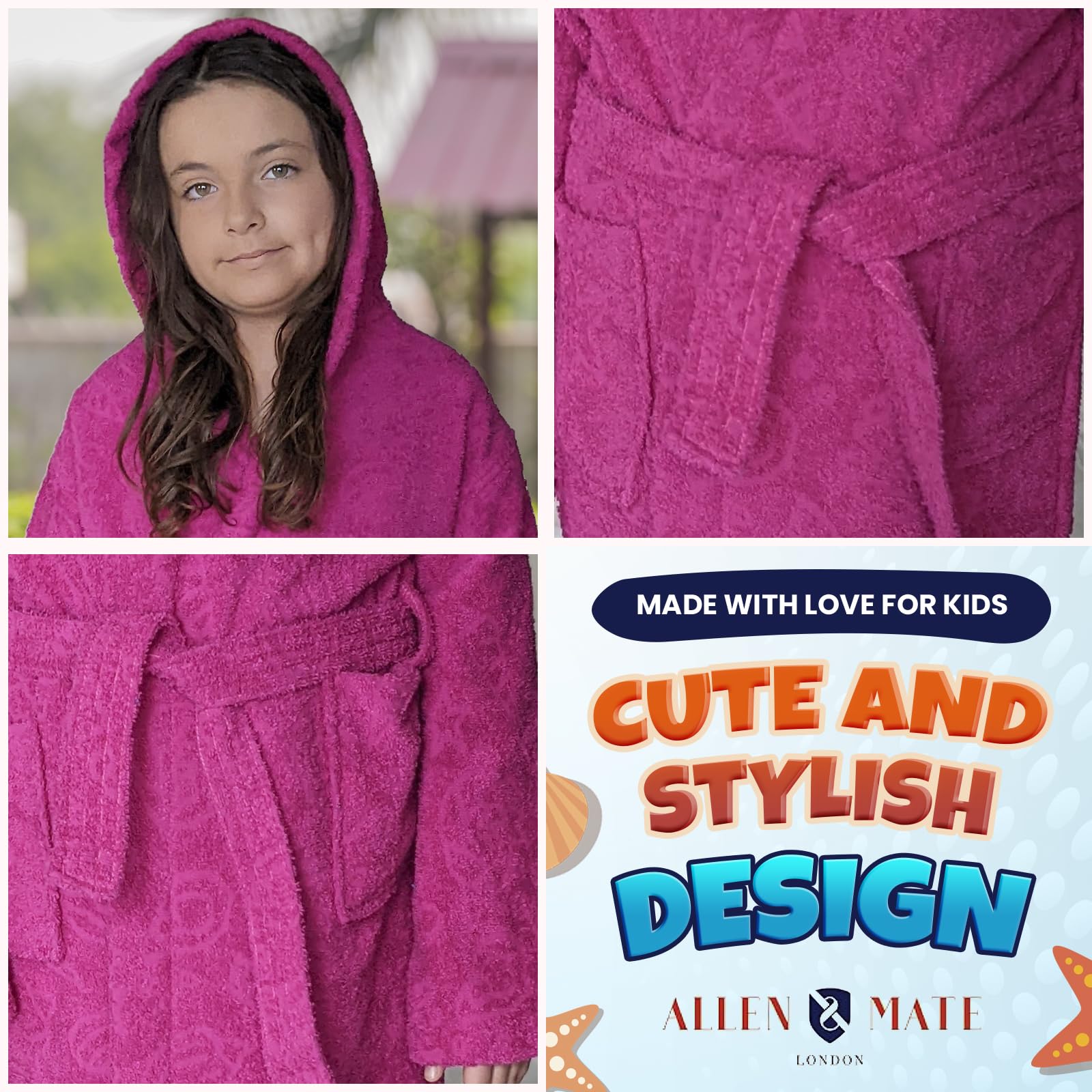 ALLEN & MATE 100% COTTON Hooded Kids Bathrobe – Soft, Medium Weight Absorbent Bath Towel Robe for Boys & Girls, 6-15 Years
