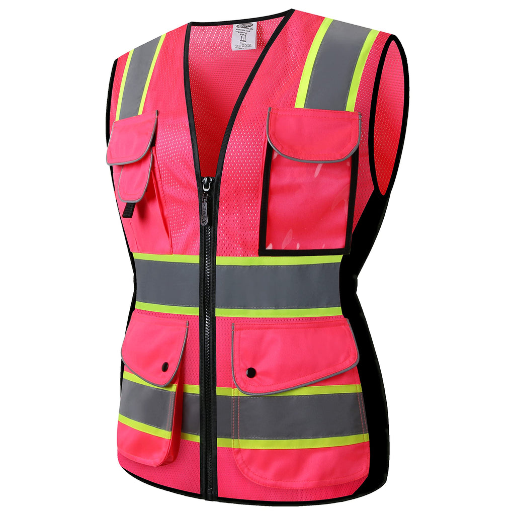 JKSafety Women Hi-Vis Reflective Safety Vest | Neon Color body Sewed Reflective Strips Breathable Lightweight ANSI Compliant