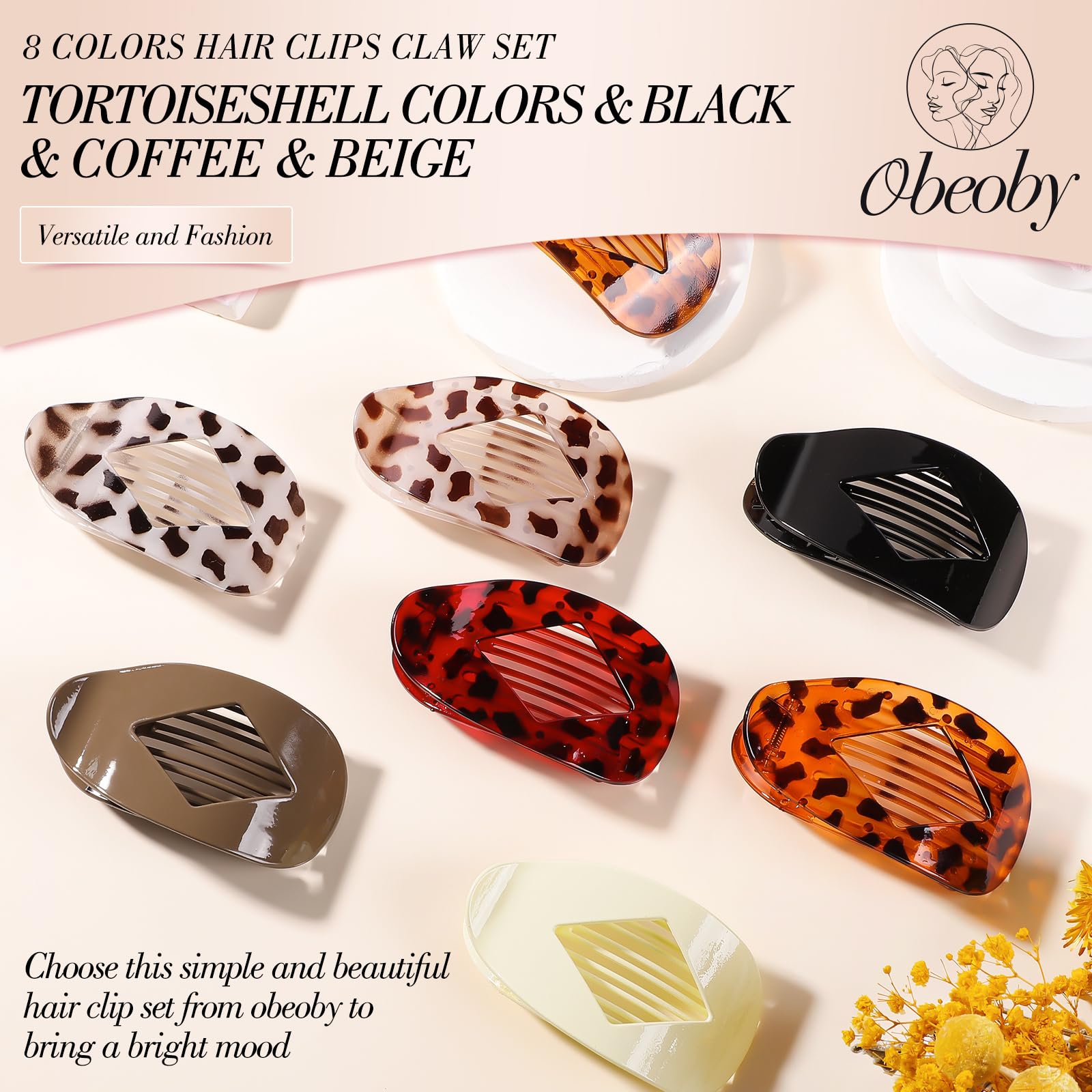 Obeoby 8 Pcs Flat Claw Clips for Women, Strong Hold French Flat Hair Clips for Thick Thin Hair Barrettes Accessories Round Large Medium (Tortoiseshell)