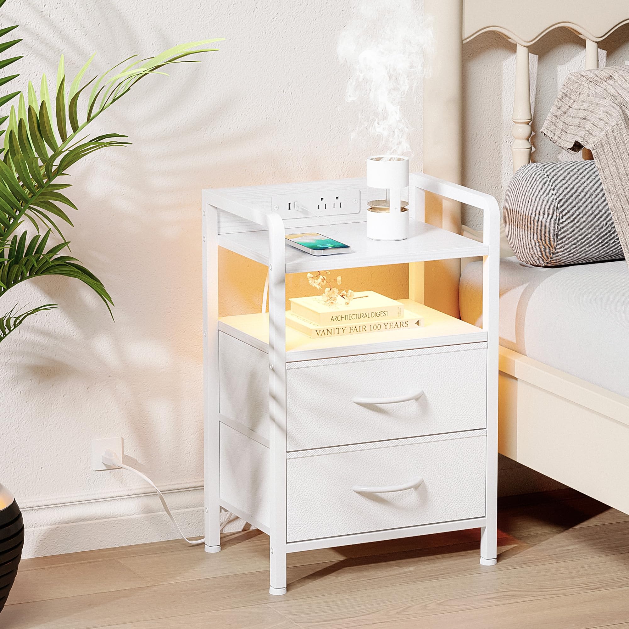 Lazzanto Night Stand Bedside Charger Bedroom - Nightstand with Charging Station & LED Light Strip, Night Stand with Storage Shelf & 2 Fabric Drawers, Morden End Table with U-S-B Ports & AC Outlets