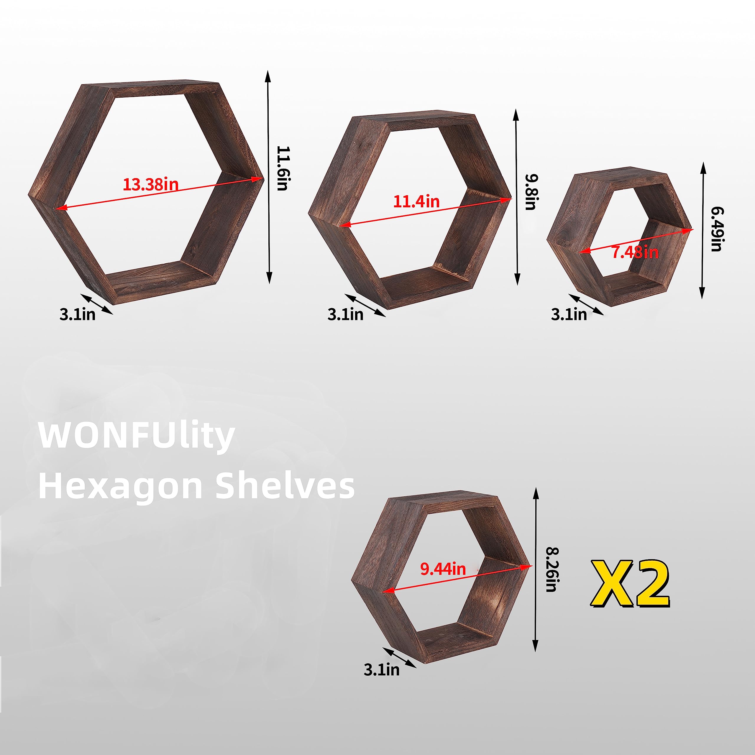 WONFUlity Hexagon Shelves for Wall Mounted, Wood Farmhouse Storage Honeycomb Floating Shelves for Wall Decor,Screws Anchors Included,5pc