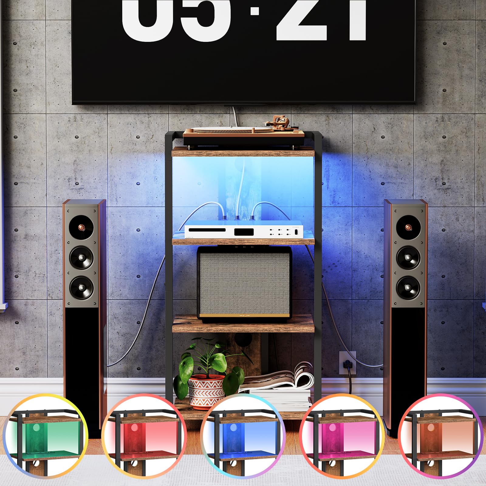 HOOBRO Game Console Shelf, 4-Tier Video Gaming Consoles Stand with Outlet & RGB Light, Audio Rack Tower for Turntable, Stereo Equipment, Wooden Entertainment Storage Stand, Black BB38UDCJ01