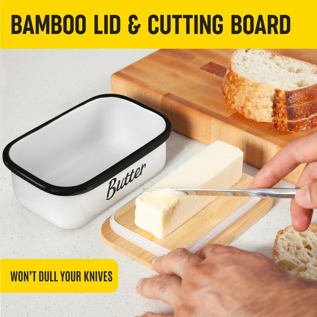 White Butter Dish with Lid for Countertop & Refrigerator - Unbreakable Metal Butter Keeper, Large Butter Container for Fridge, Butter Holder, Butter Tray, Butter Storage for Counter, Mantequillera