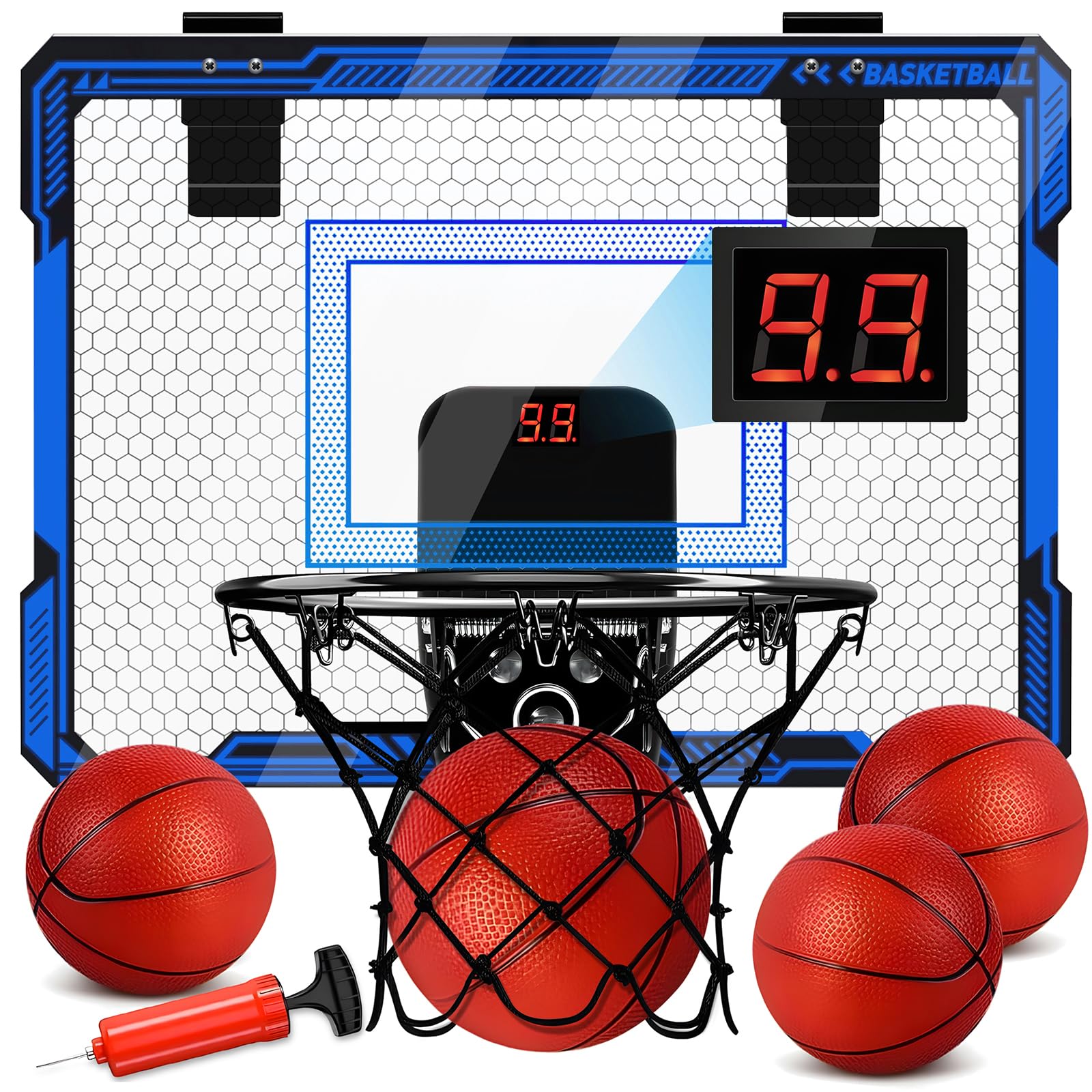 Molutsody Over The Door Basketball Hoop, for Kids (Blue) | Mini Hoop with LED Light & Scoreboard. Includes 3 Balls & Air Pump. Gifts for 4-12 Year Old Boys Girls