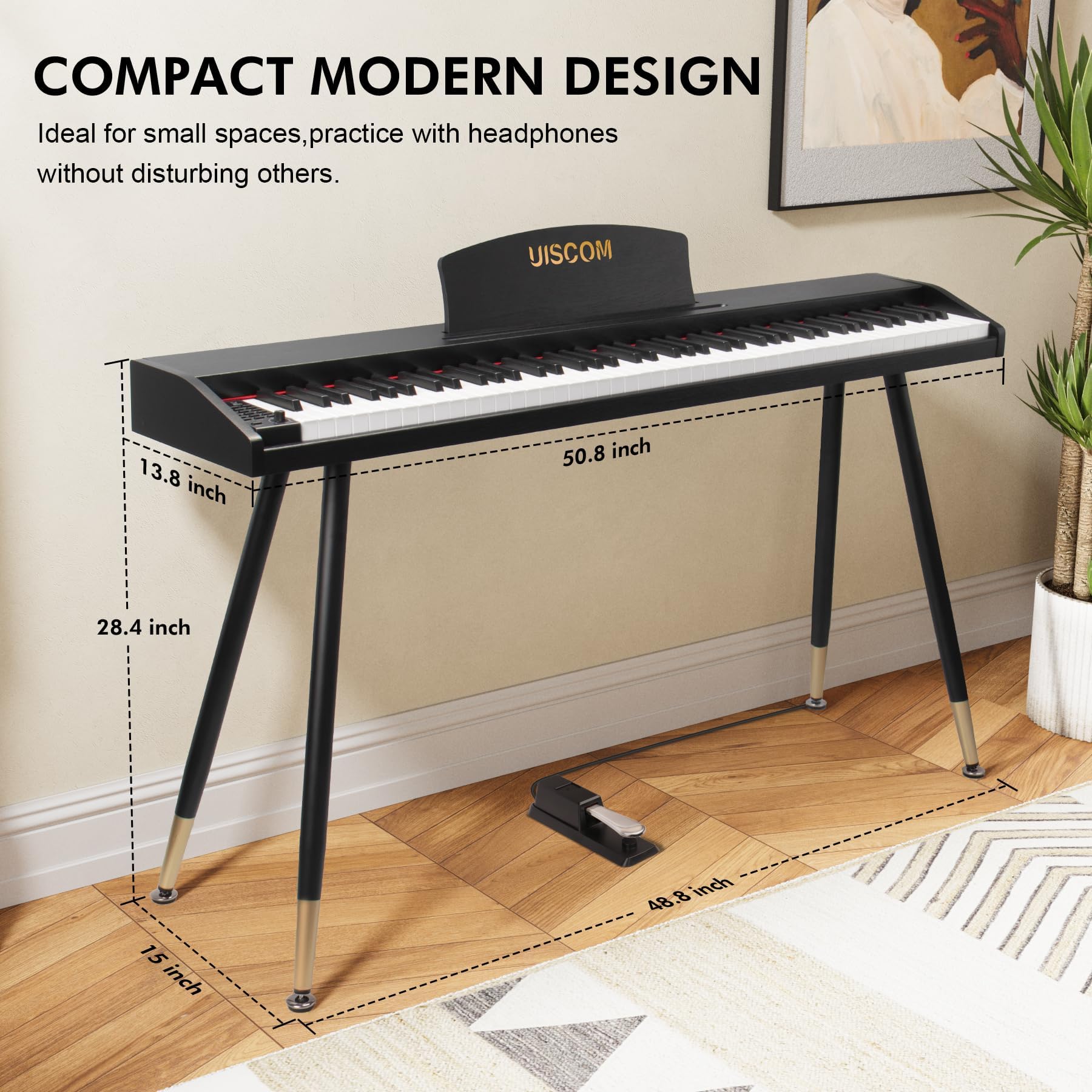 UISCOM Digital Piano Keyboard for Beginners, Full Size 88 Key Semi-Weighted Keyboard Electric Piano with Stand,Power Adapter,Sheet Music Stand,Pedal,Headphone,USB-MIDI Compatible,Wood Grain Apricot