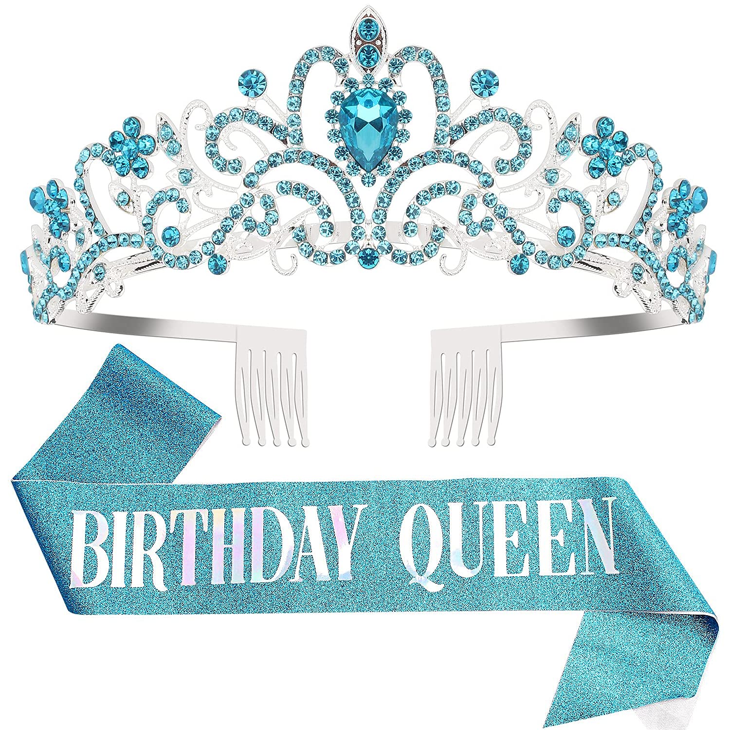 COCIDE Birthday Silver Tiara and Crowns Kit - Silver Tiara, Crown, Sash, Rhinestone Headband, Glitter Sash for Women & Girls Birthday Party Decorations