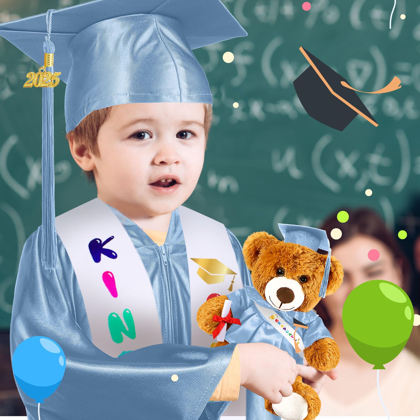 Sintuff 7 Pcs Kindergarten Preschool Graduation Cap and Gown with Bear Gifts 2026 Grad Stole Tassel Sash for Toddler Kids