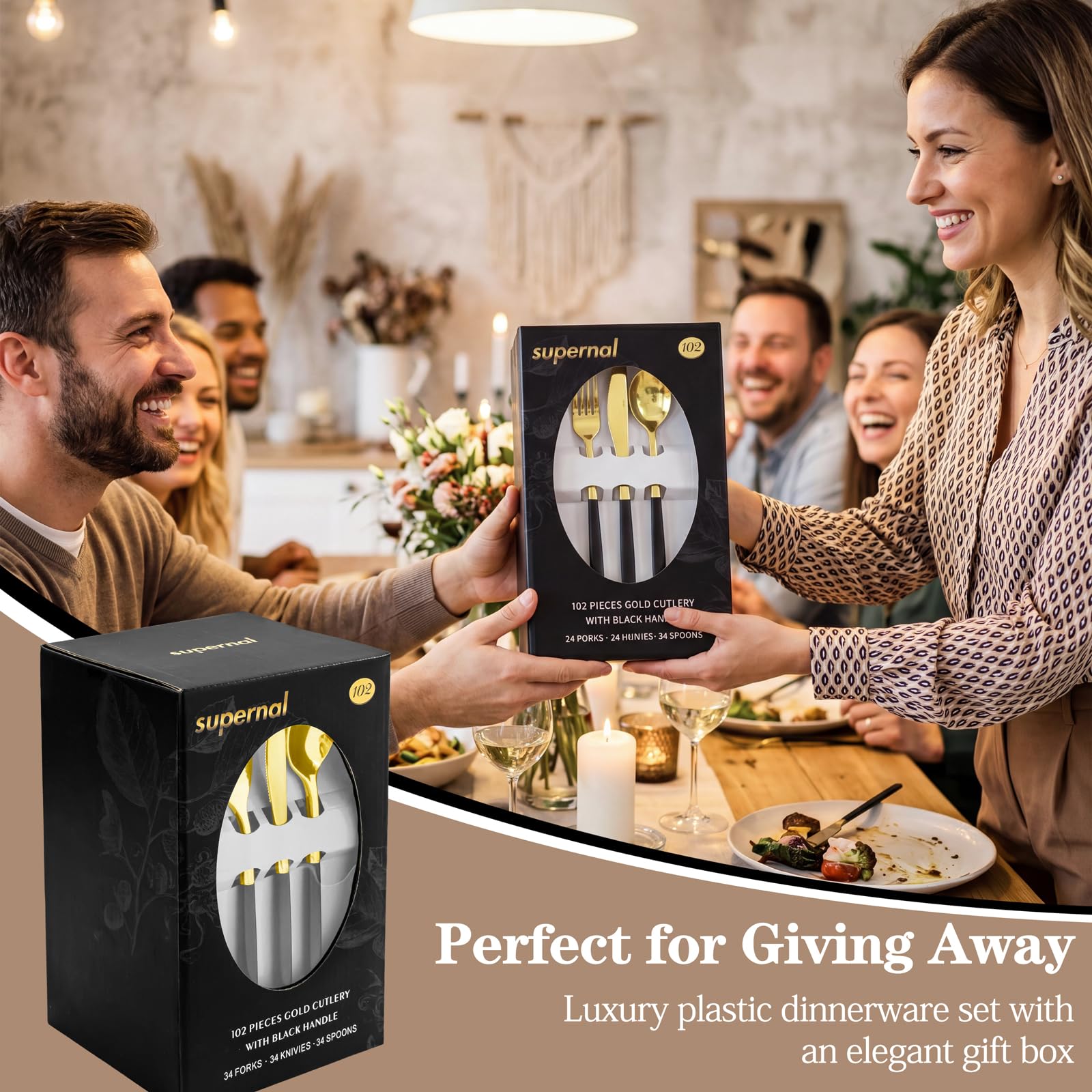 Supernal 102 Pcs Black and Gold Plastic Silverware Set,Heavy Duty Gold Disposable Cutlery for 34 Guests (34 Forks,34 Spoons,34 Knives),Elegant Plastic Flatware for Weddings,Parties & Upscale Events