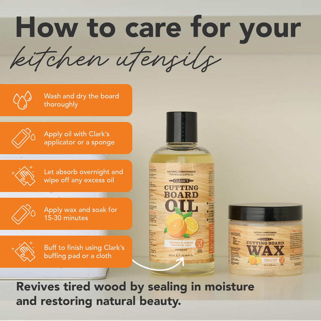 CLARK'S Cutting Board Care Kit with Coconut Oil - Includes Butcher Block Oil and Wax - Made with Refined Coconut Oil, Natural Beeswax, and Carnauba Wax - For Kitchen Countertops and Butcher Blocks
