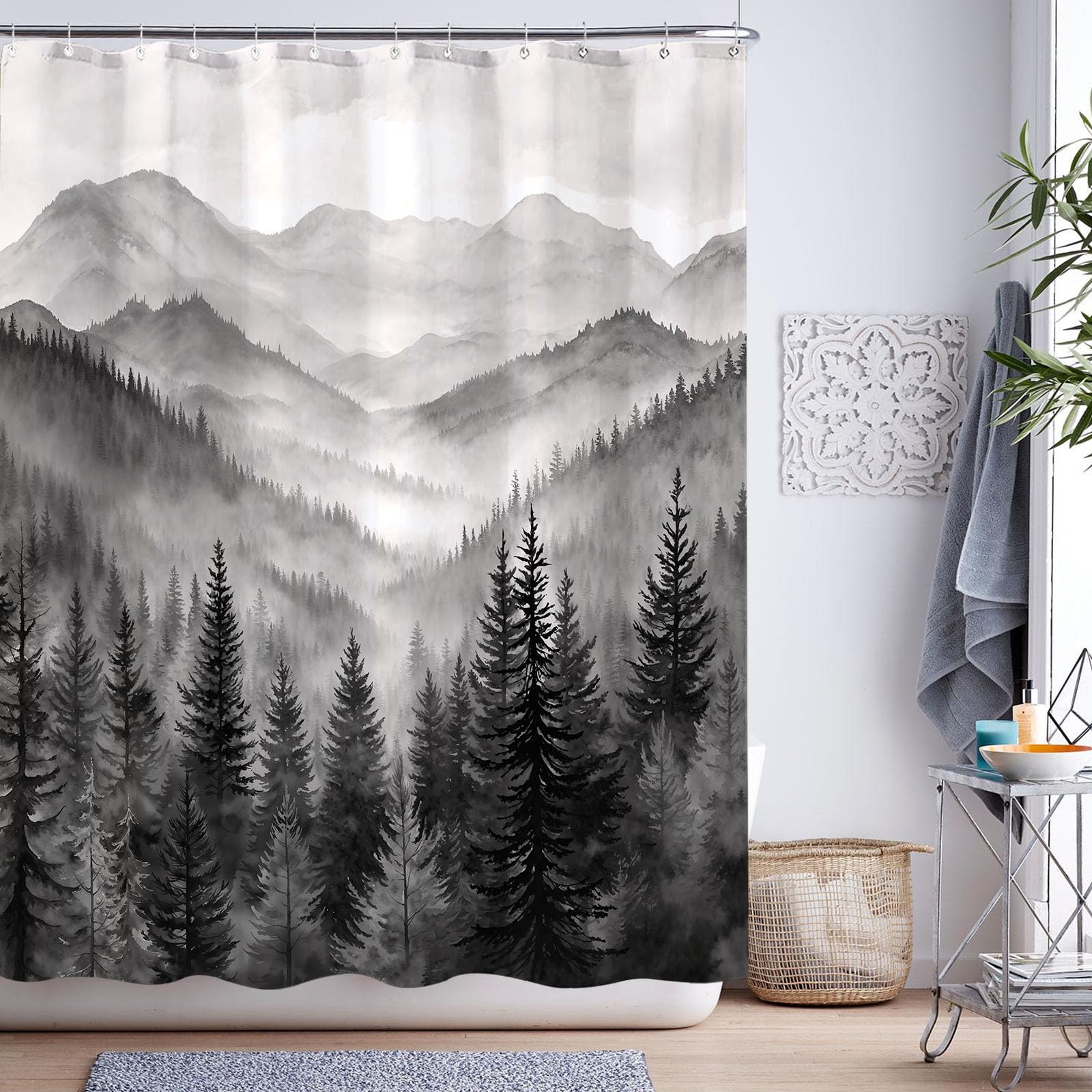 Stall Small Black and White Misty Forest Shower Curtain Ombre Gray Grey Mountain Pine Tree Waterproof Fabric Shower Curtains for Bathroom Nature Woodland Decorative Bath Curtain Decor 36×72 Inches