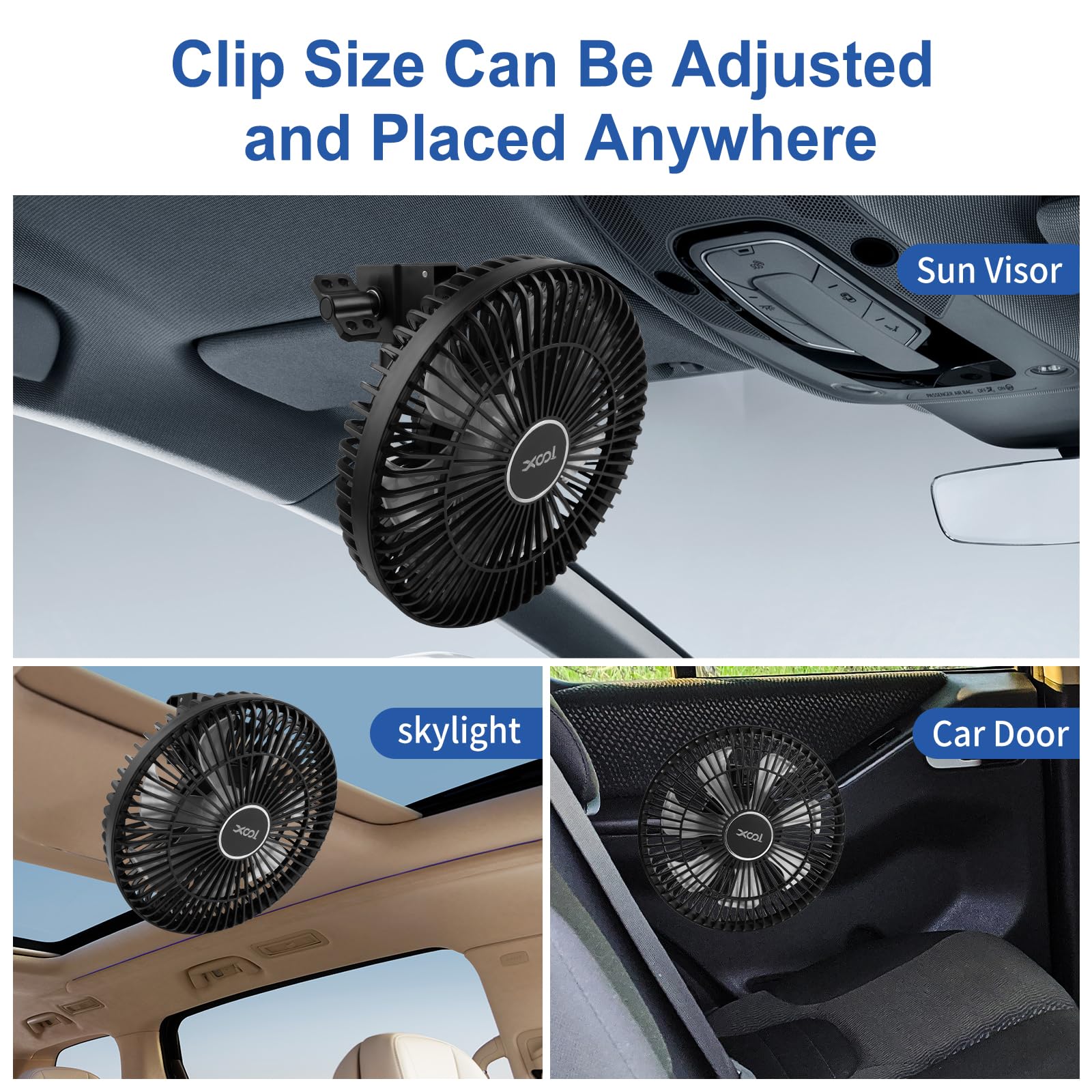 XOOL Clip Car Fan, 9 Inches 12V/24V Fan, 360° Rotatable Electric Cooling Clip on Fan with Stepless Speed Regulation for SUV, RV, Truck