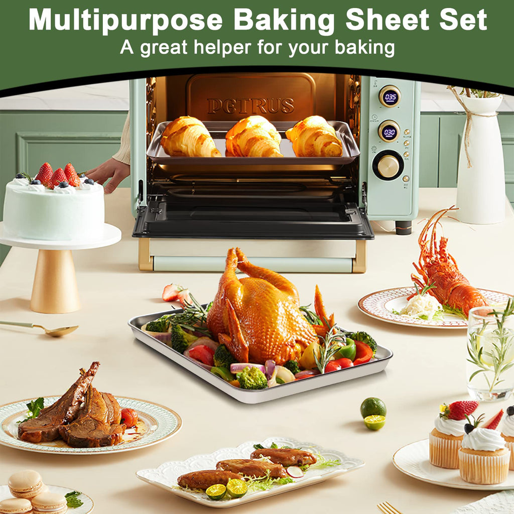 Baking Sheet Tray Cooling Rack with Silicone Mat Set, Stainless Steel Cookie Pan For Oven, Set of 9 (3 Sheets + 3 Racks Mats), Warp Resistant & Heavy Duty & Easy Clean, Grey