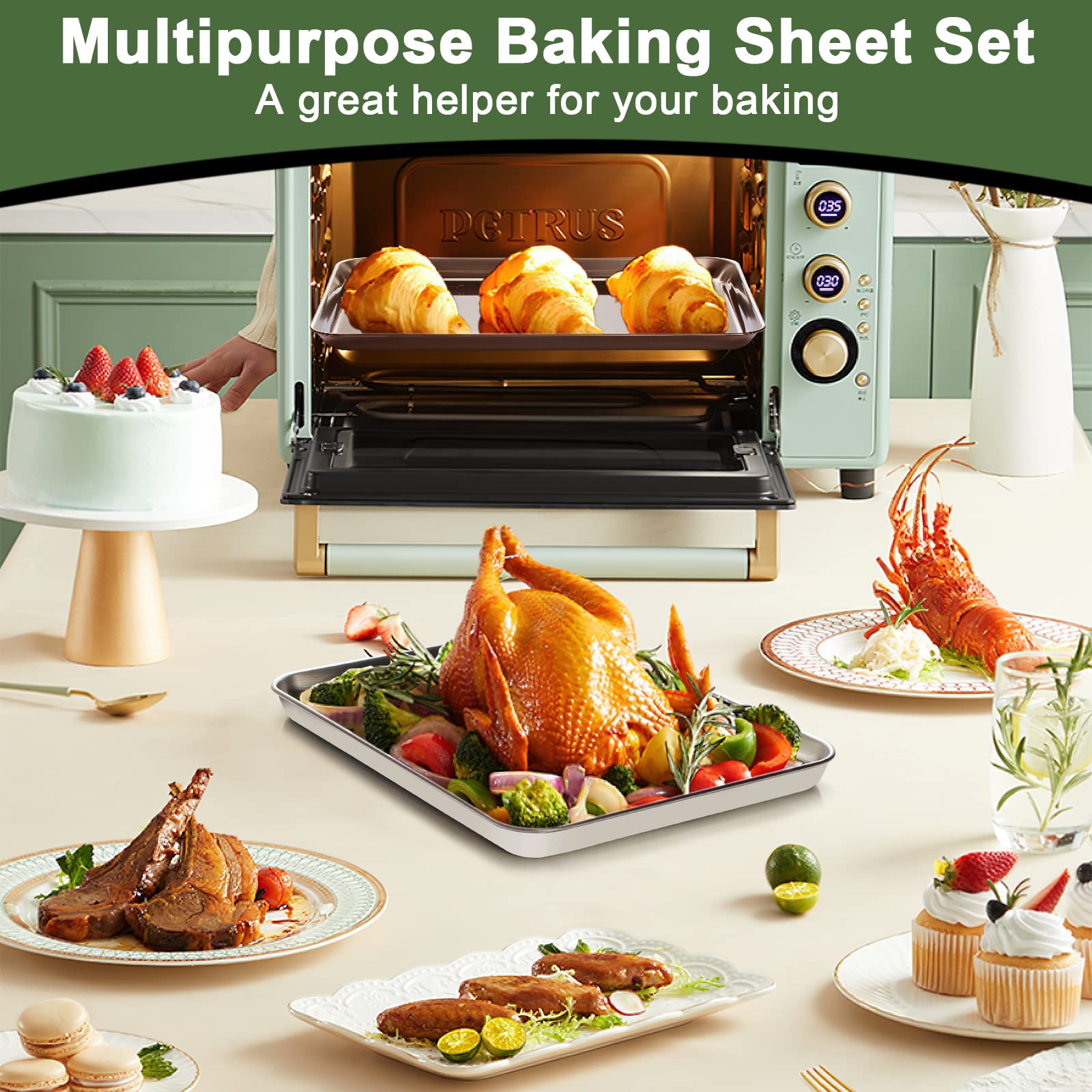 Baking Sheet Tray Cooling Rack with Silicone Mat Set, Stainless Steel Cookie Pan For Oven, Set of 9 (3 Sheets + 3 Racks Mats), Warp Resistant & Heavy Duty & Easy Clean, Grey