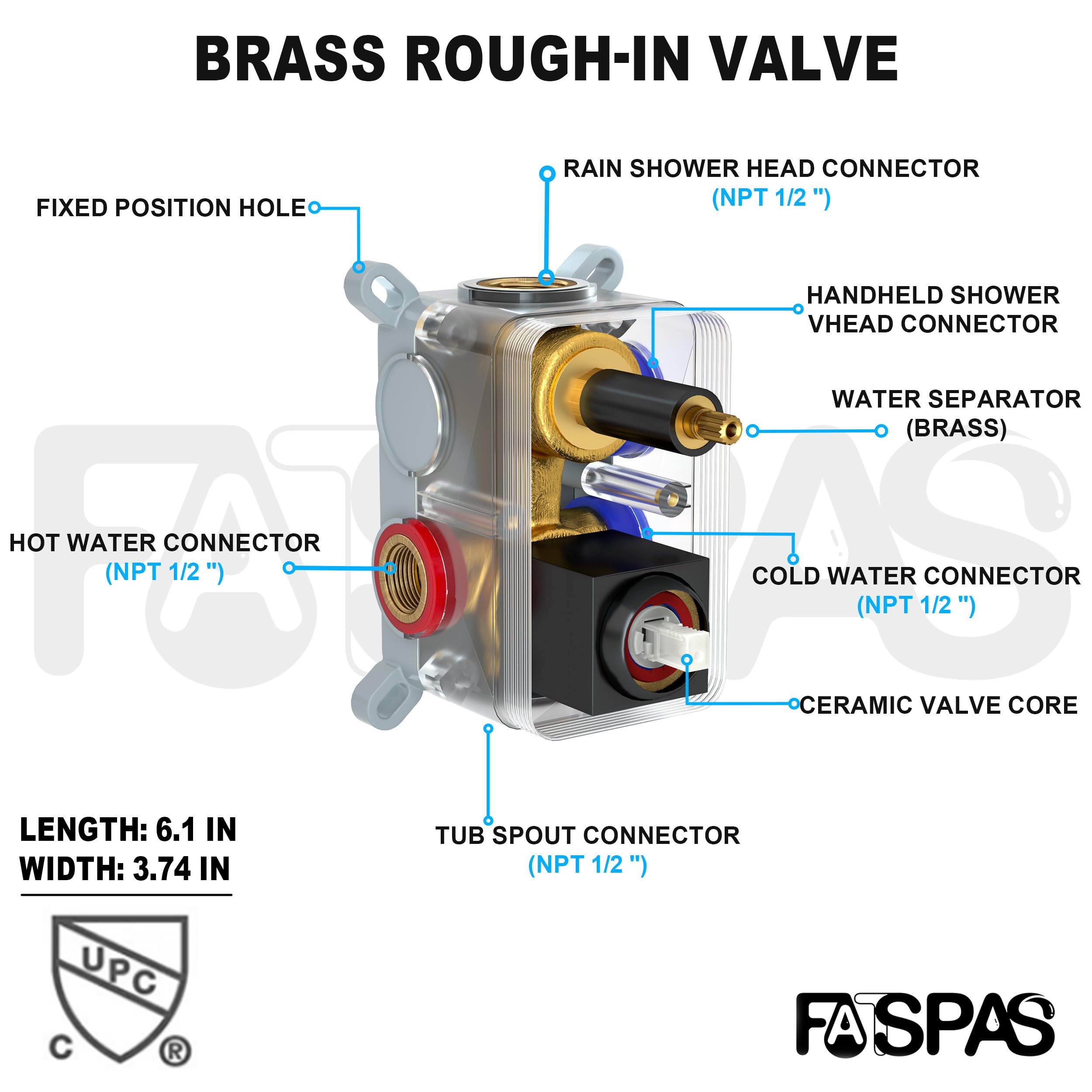 Brushed Gold Shower System with 10-Inch Rain Showerhead and Tub Spout | cUPC-certified pressure balance brass valve to prevent scalding, CEC-certified air injection technology for low pressure