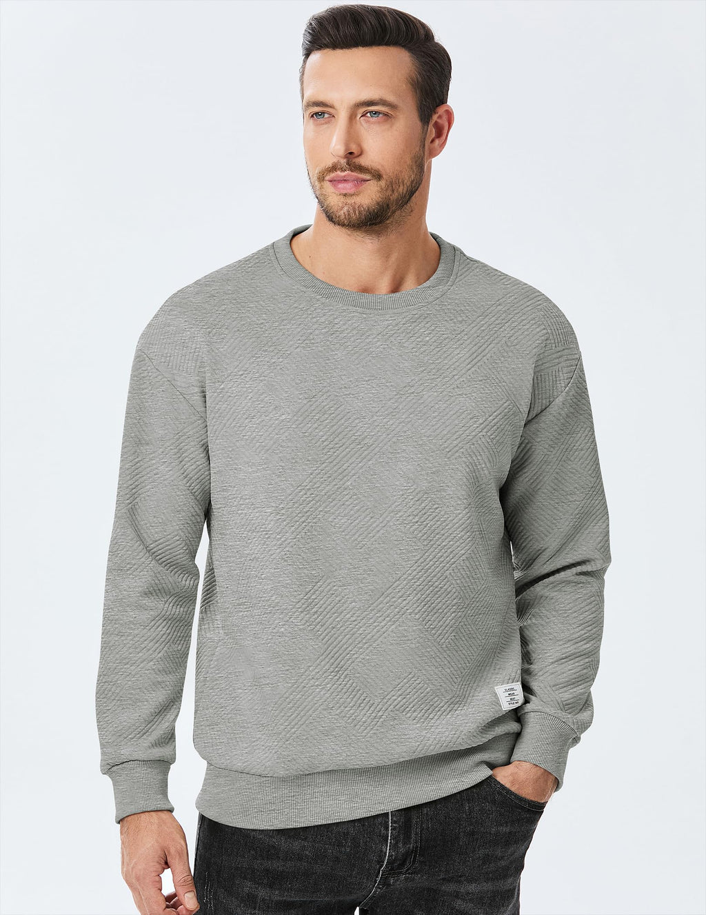 Dokotoo Men Men's Crewneck Sweatshirts Soild Color Geometric Texture Long Sleeve Casual Pullover Shirt