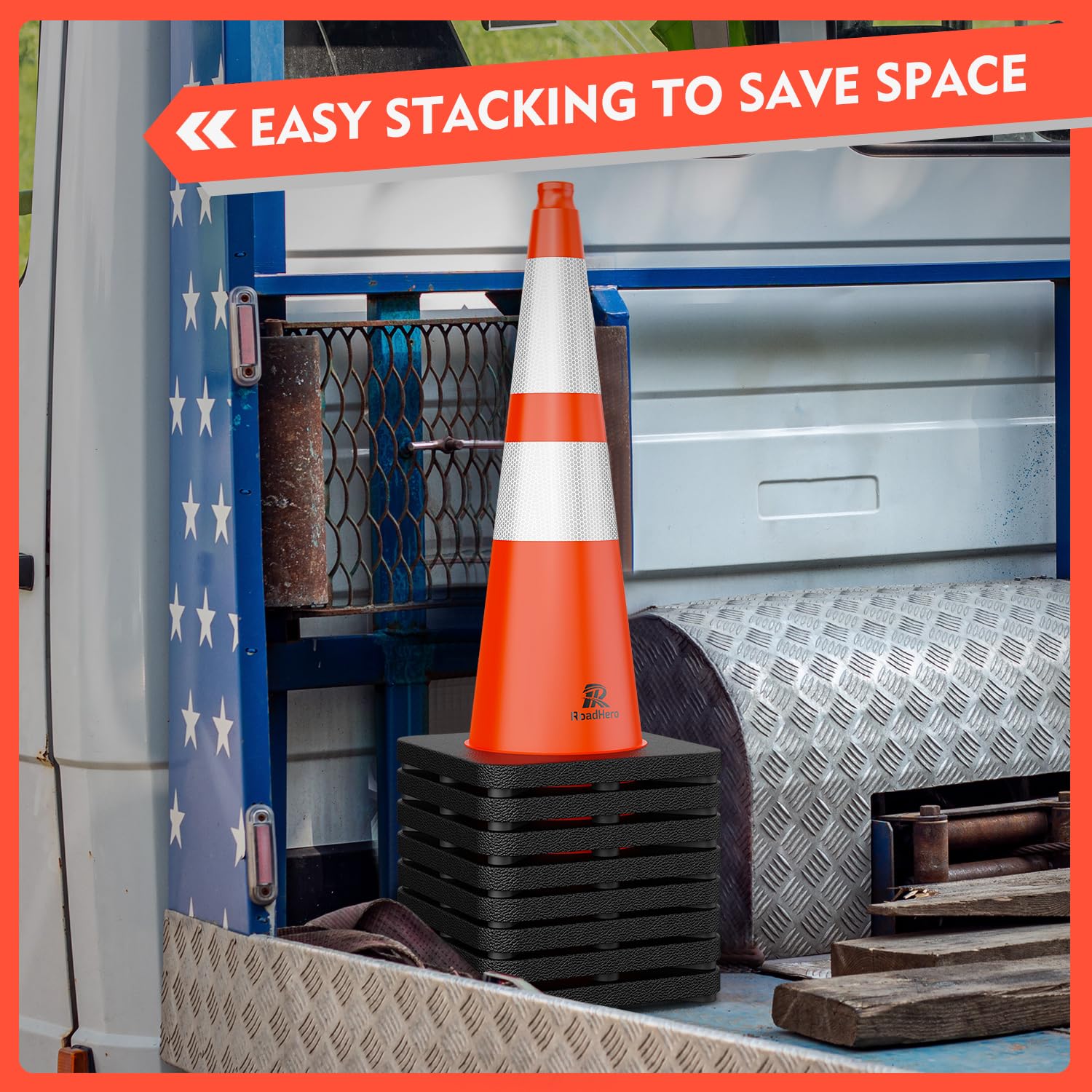 RoadHero 4 Pack Traffic Safety Cones 18 Inch with Black Weighted Base, Plastic PVC Cone, Orange Cones with Reflective Collar, Cones for Parking Lot, Construction Events, Road Safety