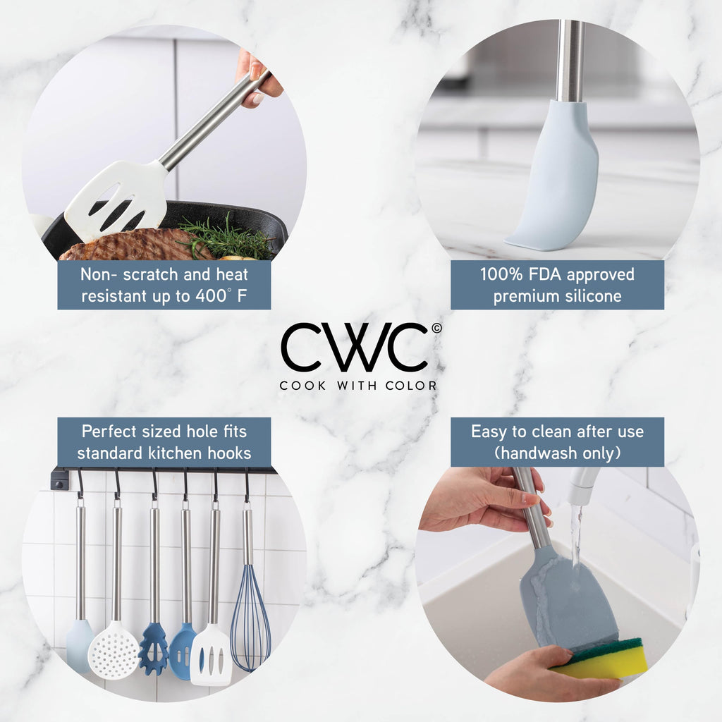 COOK WITH COLOR Silicone Cooking Utensils, Kitchen Utensil Set, Easy to Clean Silicone Kitchen Utensils, Cooking Utensils for Nonstick Cookware, Kitchen Gadgets Set with Holder, 10 Pieces