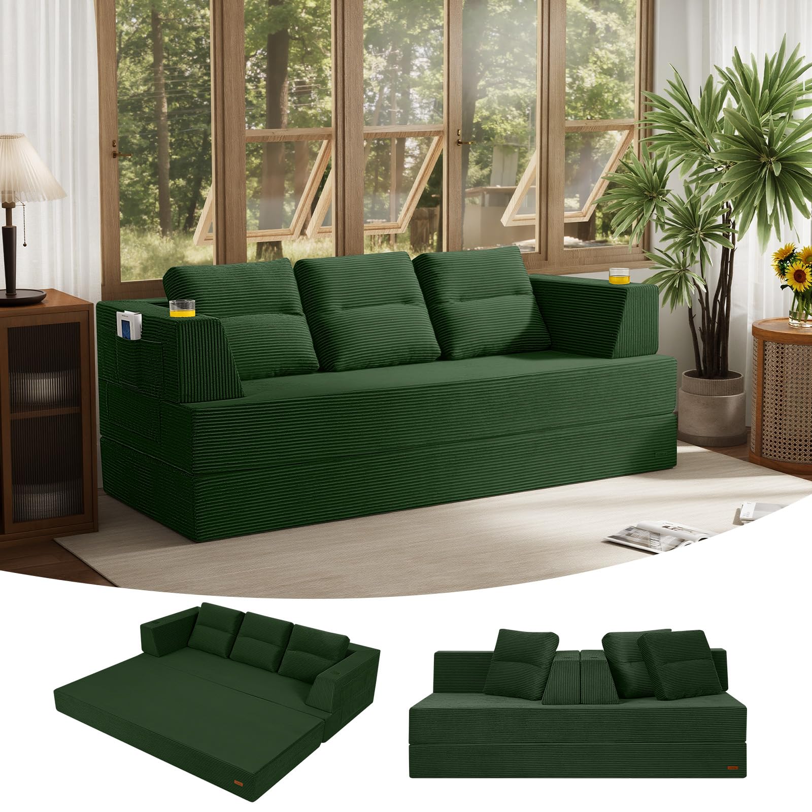 COMAX Futon Sofa Bed, 4‑in‑1 Convertible Sofa Bed, Folding Boneless Couches | Boneless Couch for living room, Fold Out Small Foldable Loveseat Floor Sleeper Mattress Lounge Space‑Saving, Ash Gray