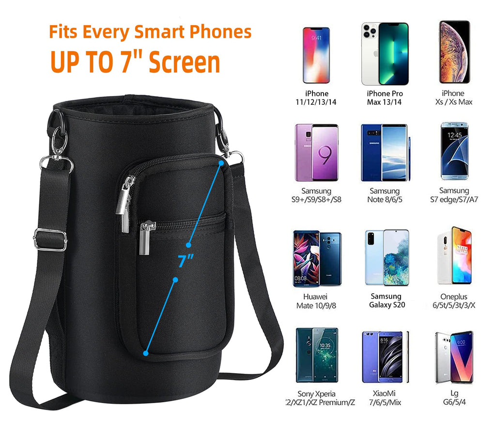 AceTreker 32/40/64/128 oz Neoprene Insulated Water Bottle Carrier Bag, Sling Bag Sleeve Pouch Holder with Strap & Paracord Handle and 2 Pocket for Travelling, Hiking, Camping