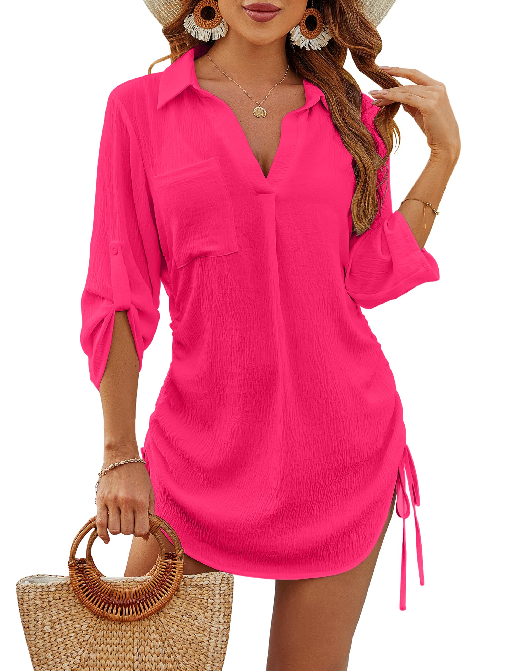 Blooming Jelly Womens Bathing Suit Cover Ups Bikini Swimsuit Coverup Drawstring Beach Dress Shirt