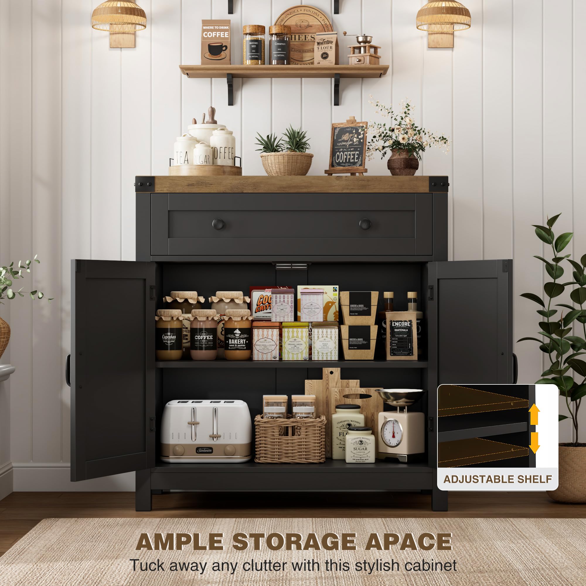 HOSTACK Coffee Bar Cabinet, Kitchen Storage Cabinet, Modern Farmhouse Buffet Sideboard with Drawer and Adjustable Shelf, Barn Door Accent Cabinets for Kitchen, Dining Room, Entryway, Ash Grey