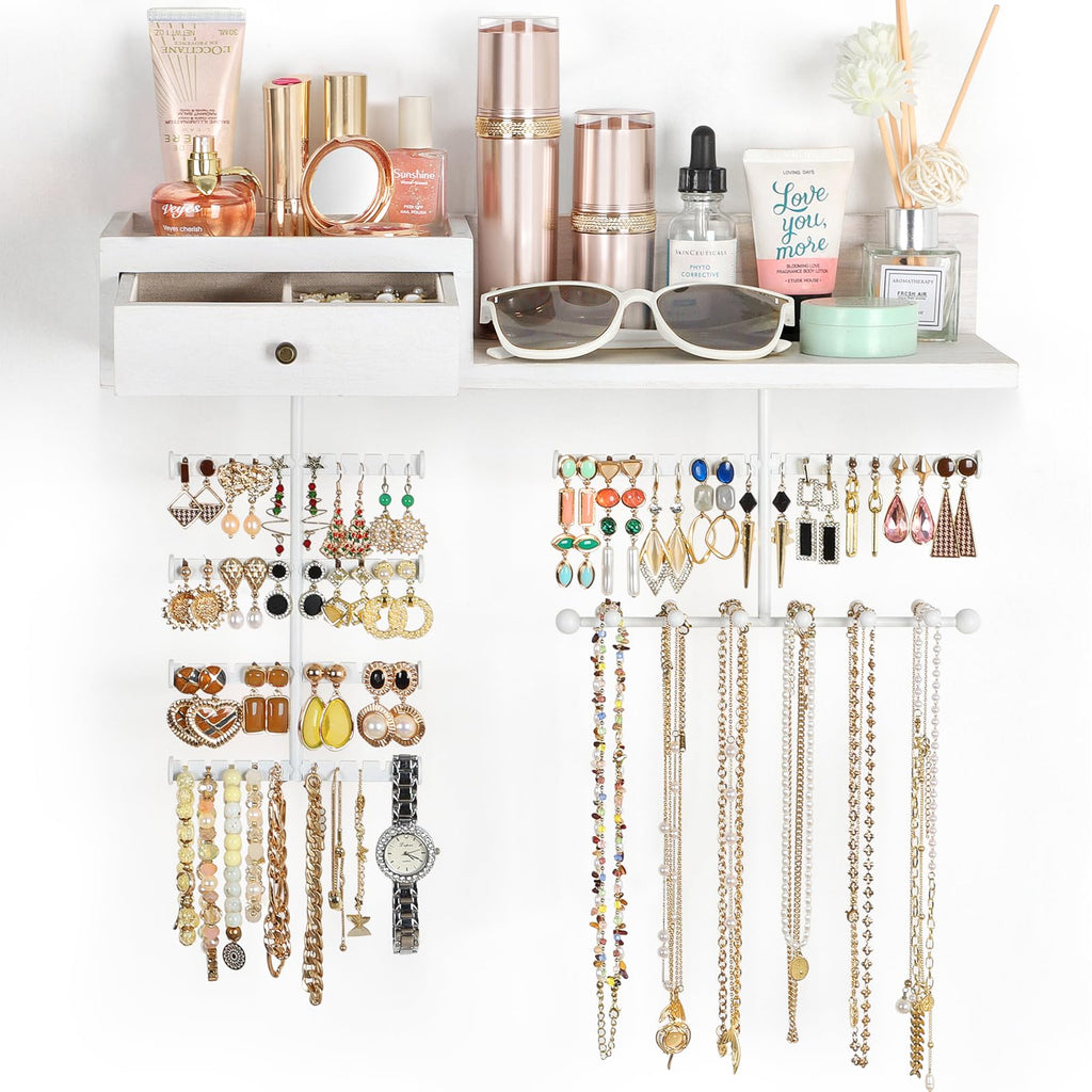 VINAEMO Jewelry Organizer Hanging Wall Mounted Jewelry Holder with Rustic Wood Drawer & Large Capacity Storage Shelf Rack Display for Earrings Rings Necklaces Bracelet(Black)