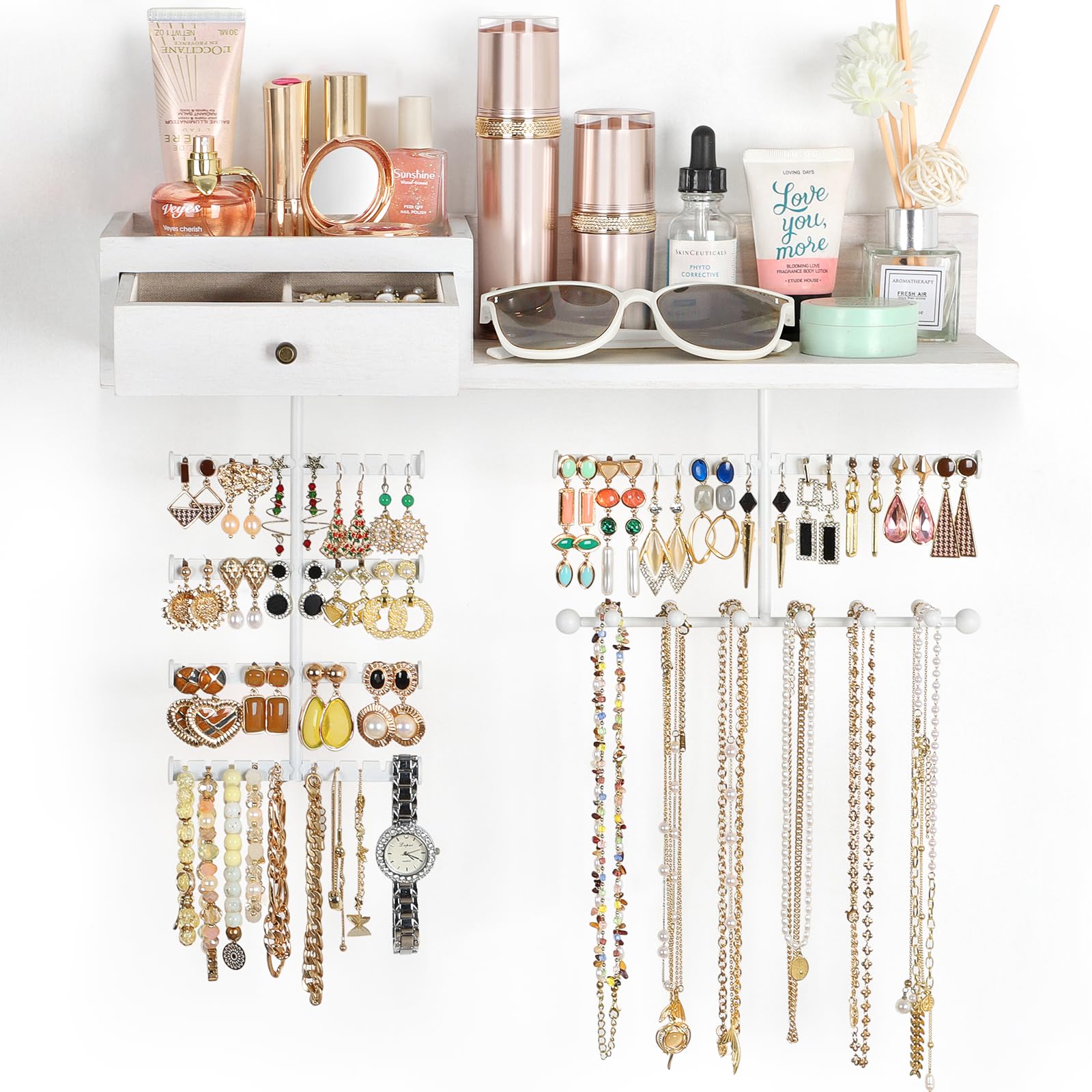 VINAEMO Jewelry Organizer Hanging Wall Mounted Jewelry Holder with Rustic Wood Drawer & Large Capacity Storage Shelf Rack Display for Earrings Rings Necklaces Bracelet(Black)